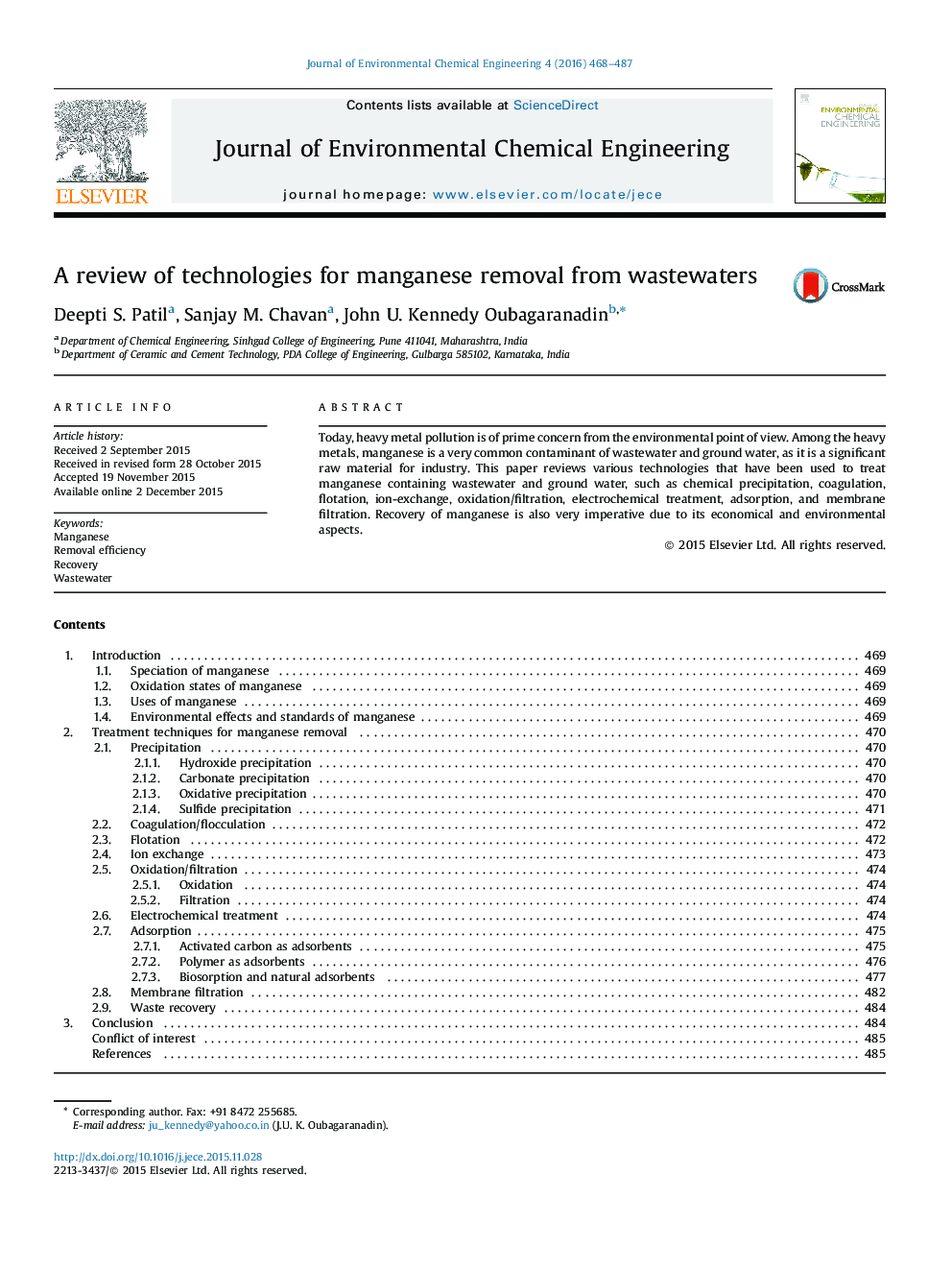 A review of technologies for manganese removal from wastewaters