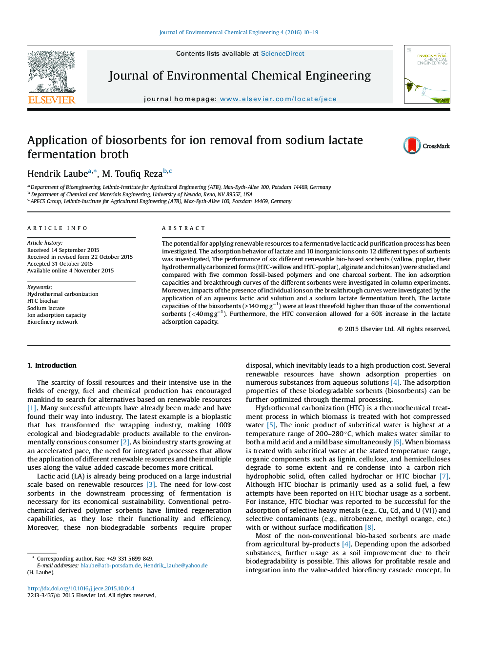 Application of biosorbents for ion removal from sodium lactate fermentation broth