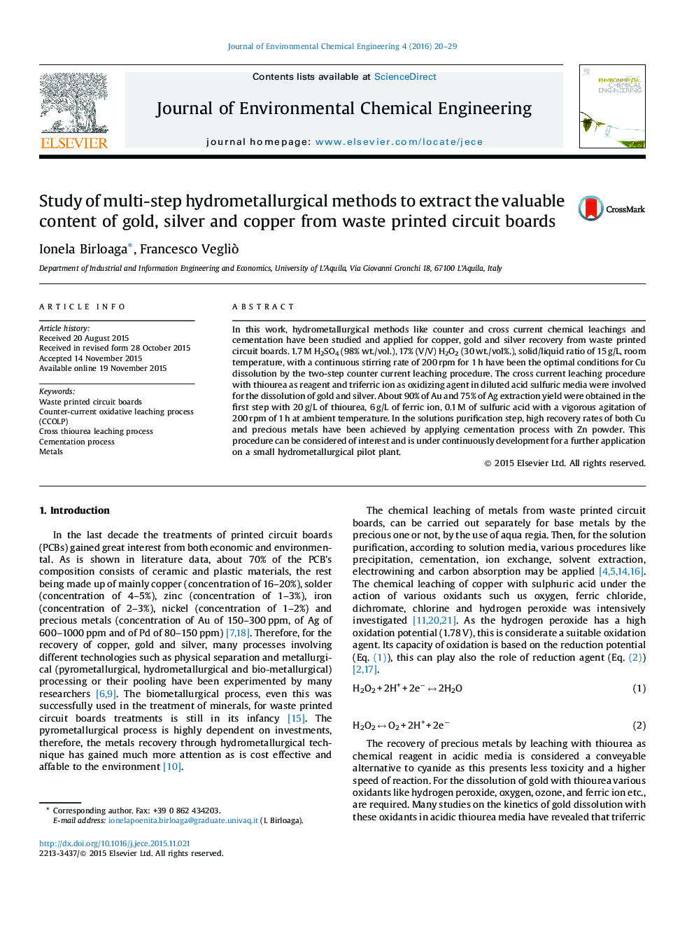 Study of multi-step hydrometallurgical methods to extract the valuable content of gold, silver and copper from waste printed circuit boards