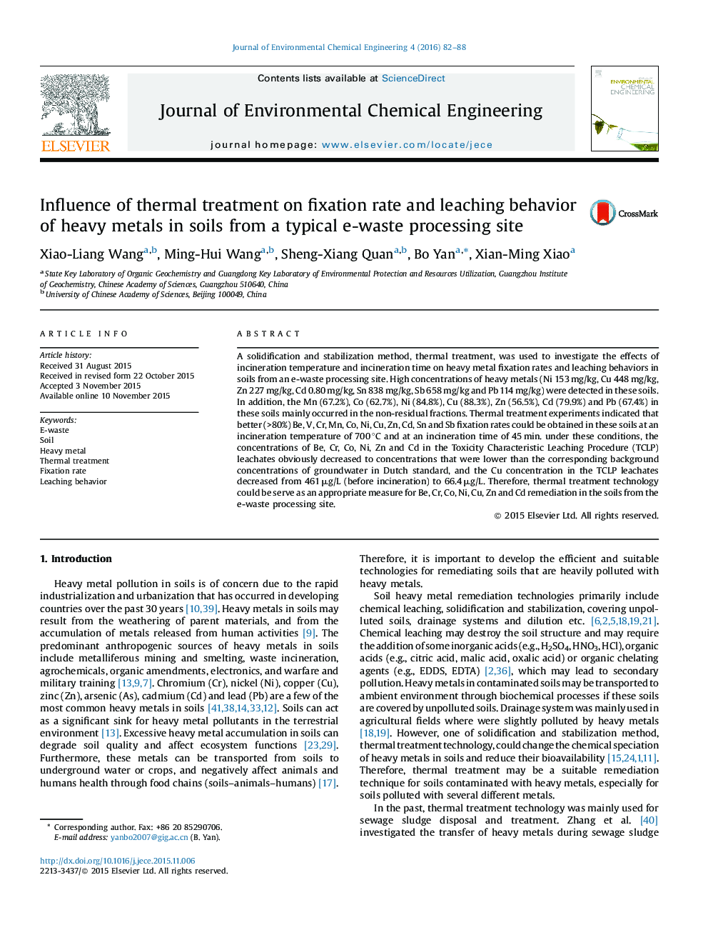 Influence of thermal treatment on fixation rate and leaching behavior of heavy metals in soils from a typical e-waste processing site