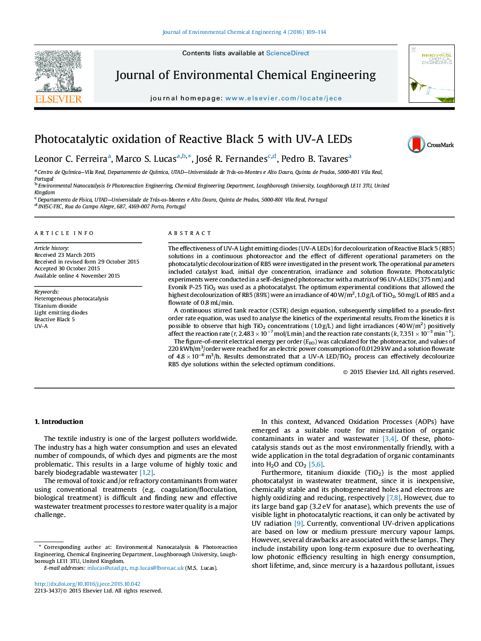 Photocatalytic oxidation of Reactive Black 5 with UV-A LEDs