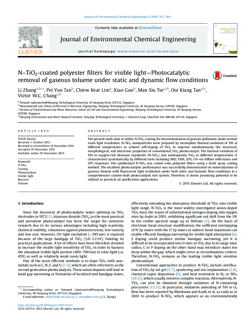 N–TiO2-coated polyester filters for visible light—Photocatalytic removal of gaseous toluene under static and dynamic flow conditions