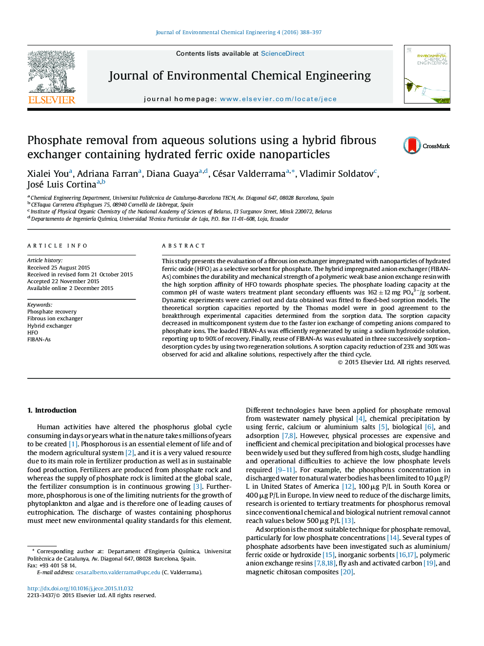 Phosphate removal from aqueous solutions using a hybrid fibrous exchanger containing hydrated ferric oxide nanoparticles