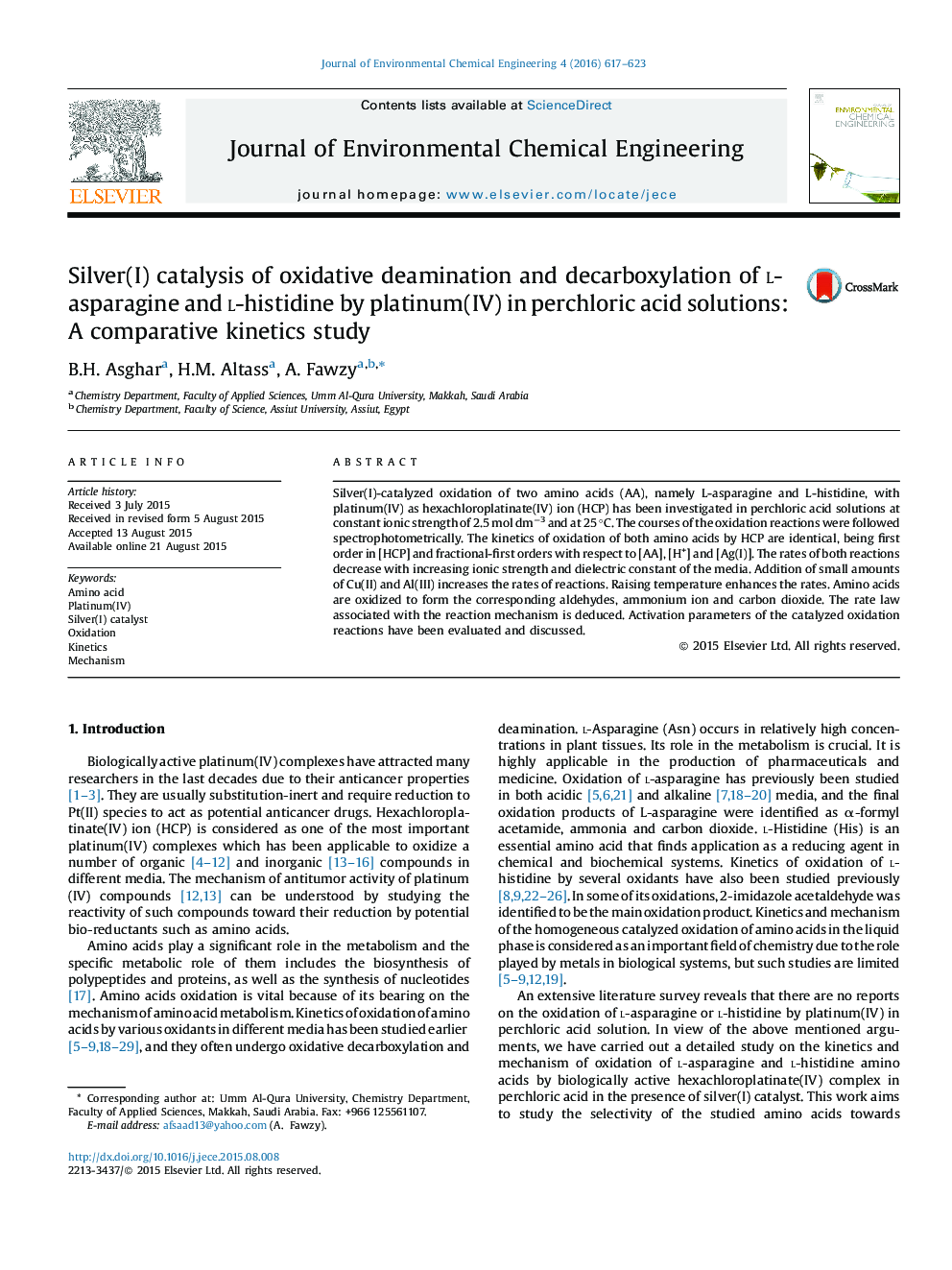 کاتالیزوری نقره ای دآمیناسیون اکسیداتیو و دکربوکسیلید کردن لارسپارین و ال-هیستیدین توسط پلاتین (IV) در محلول های اسید پرکلریک: مطالعه سینتیکی مقایسه ای