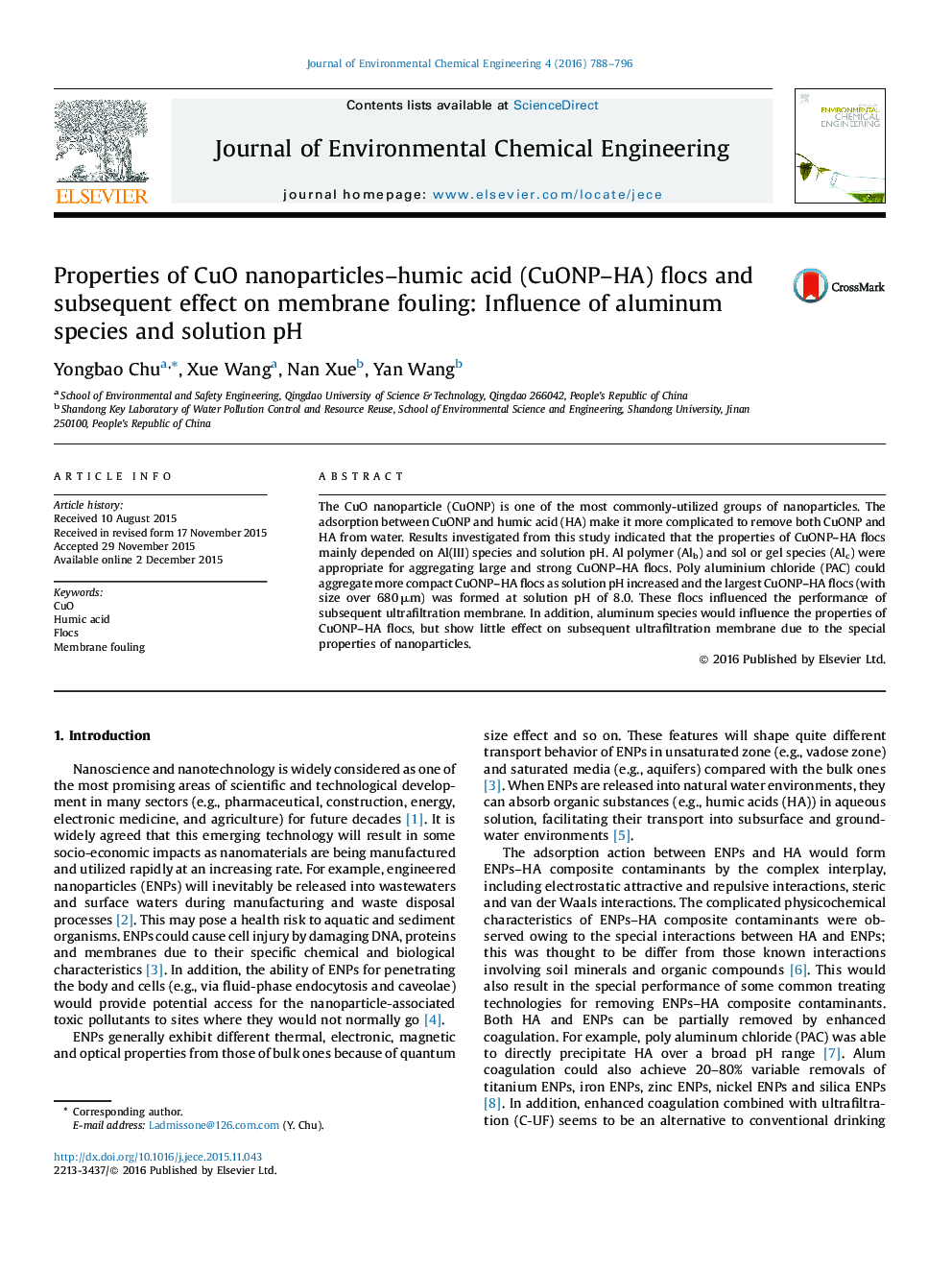 Properties of CuO nanoparticles–humic acid (CuONP–HA) flocs and subsequent effect on membrane fouling: Influence of aluminum species and solution pH