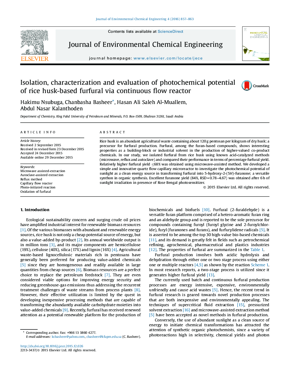 Isolation, characterization and evaluation of photochemical potential of rice husk-based furfural via continuous flow reactor