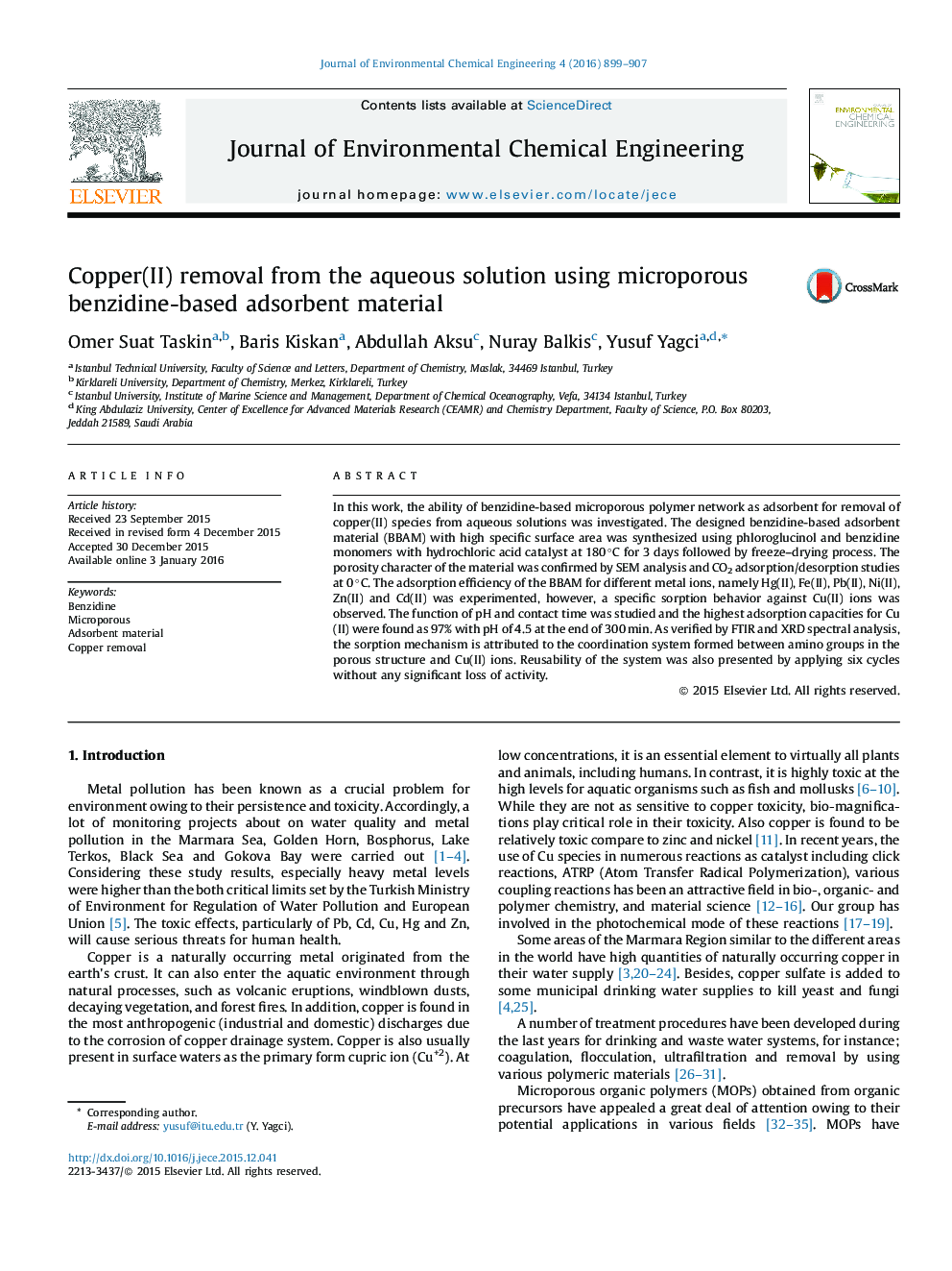 Copper(II) removal from the aqueous solution using microporous benzidine-based adsorbent material