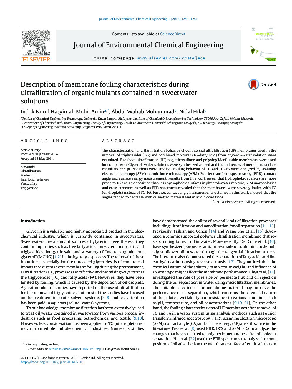 Description of membrane fouling characteristics during ultrafiltration of organic foulants contained in sweetwater solutions