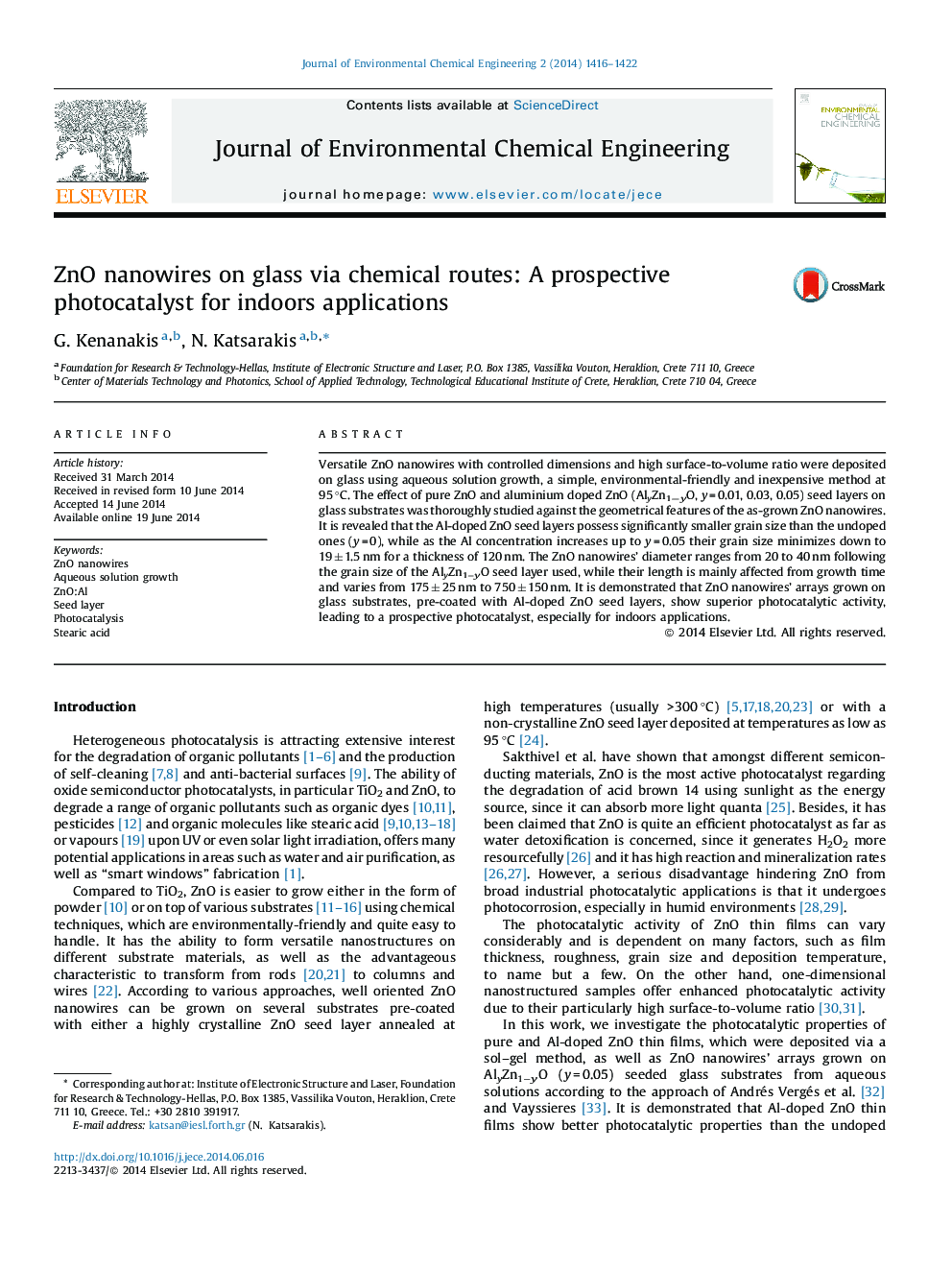 ZnO nanowires on glass via chemical routes: A prospective photocatalyst for indoors applications