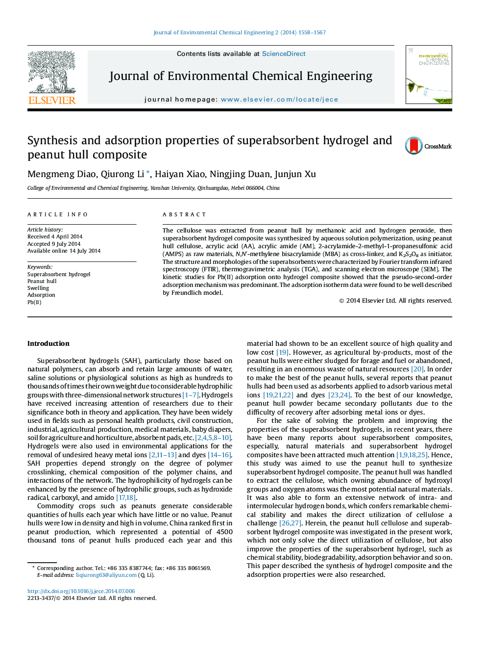 Synthesis and adsorption properties of superabsorbent hydrogel and peanut hull composite