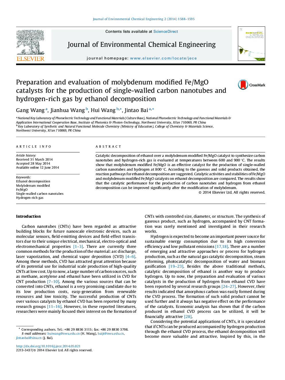 عکس صفحه اول مقاله: Preparation and evaluation of molybdenum modified Fe/MgO catalysts for the production of single-walled carbon nanotubes and hydrogen-rich gas by ethanol decomposition Preparation and evaluation of molybdenum modified Fe/MgO catalysts for the production of single-walled carbon nanotubes and hydrogen-rich gas by ethanol decomposition