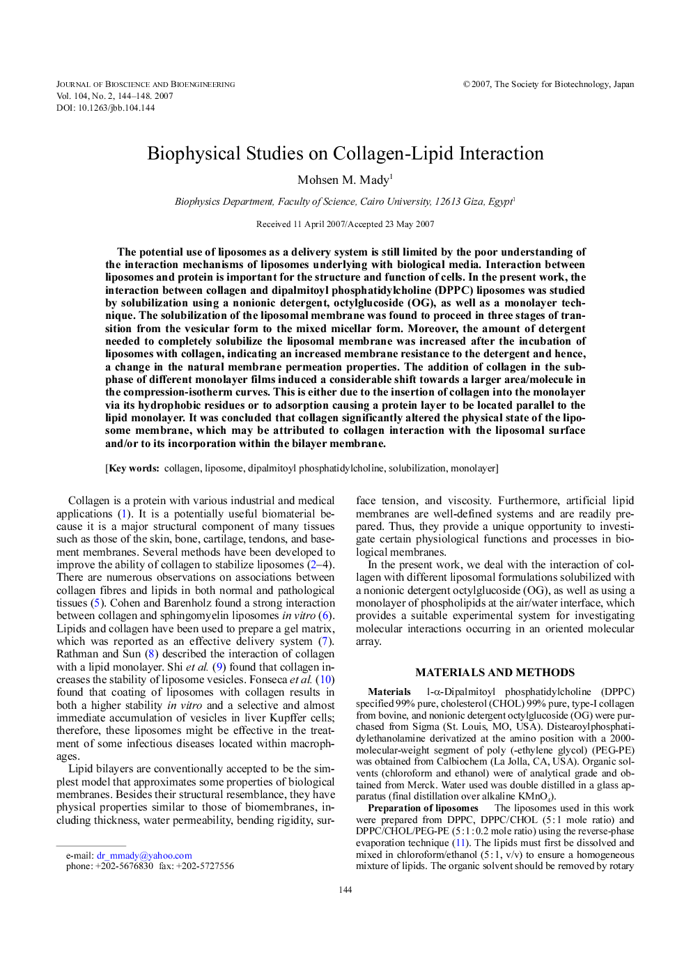 Biophysical studies on collagen-lipid interaction