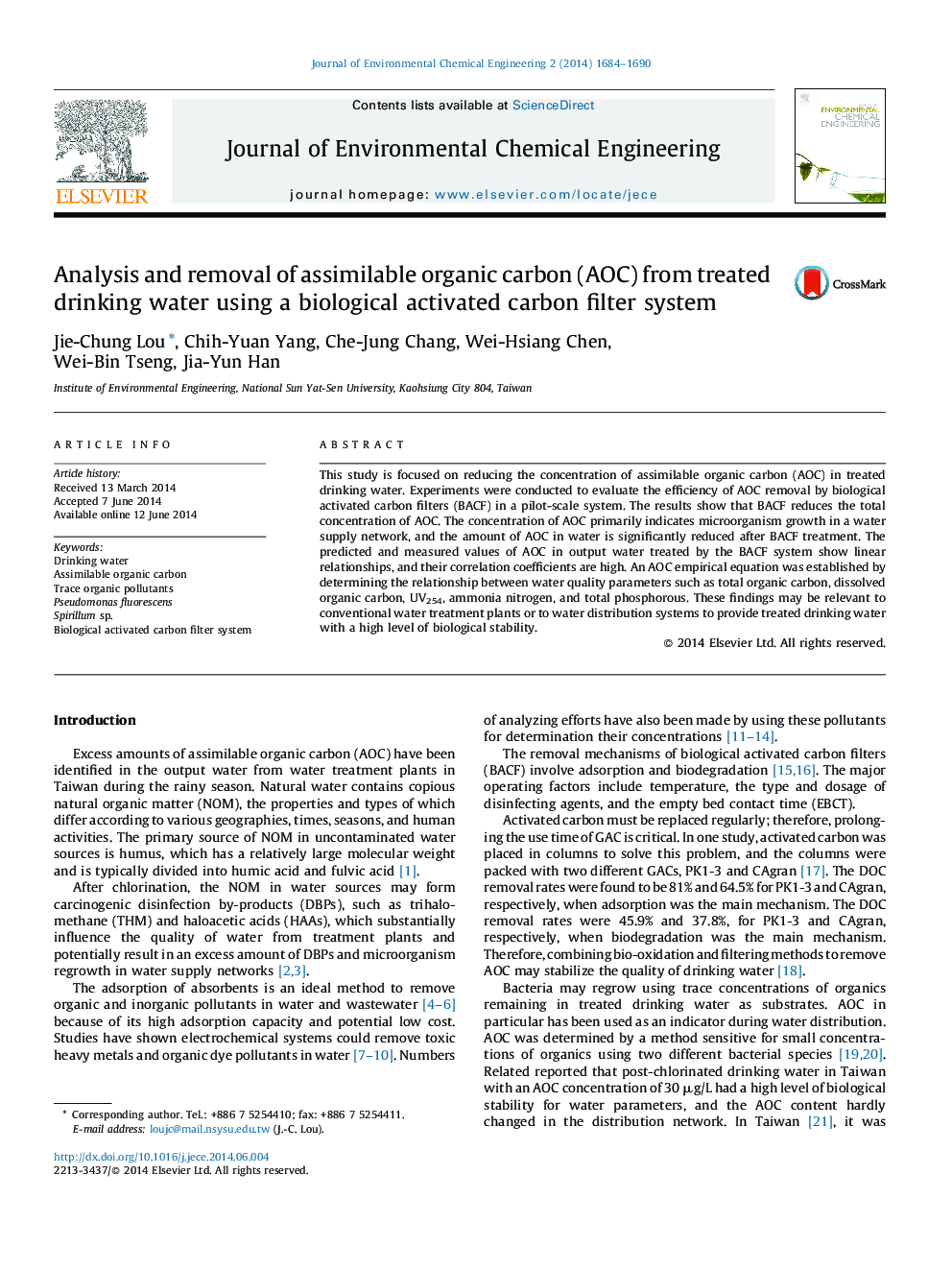 Analysis and removal of assimilable organic carbon (AOC) from treated drinking water using a biological activated carbon filter system