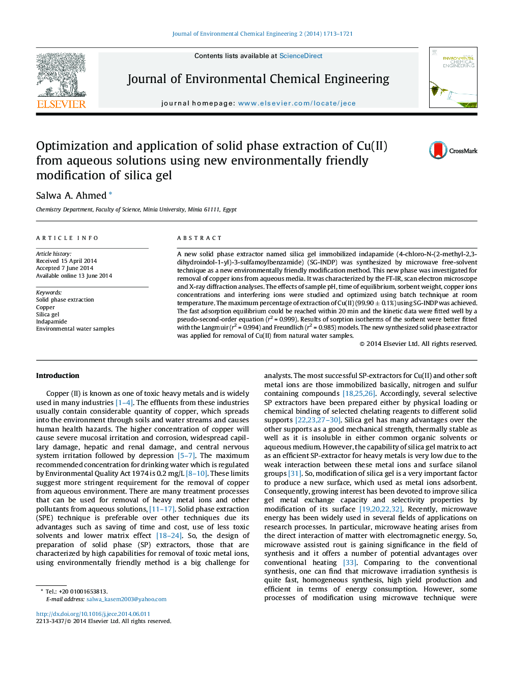 Optimization and application of solid phase extraction of Cu(II) from aqueous solutions using new environmentally friendly modification of silica gel