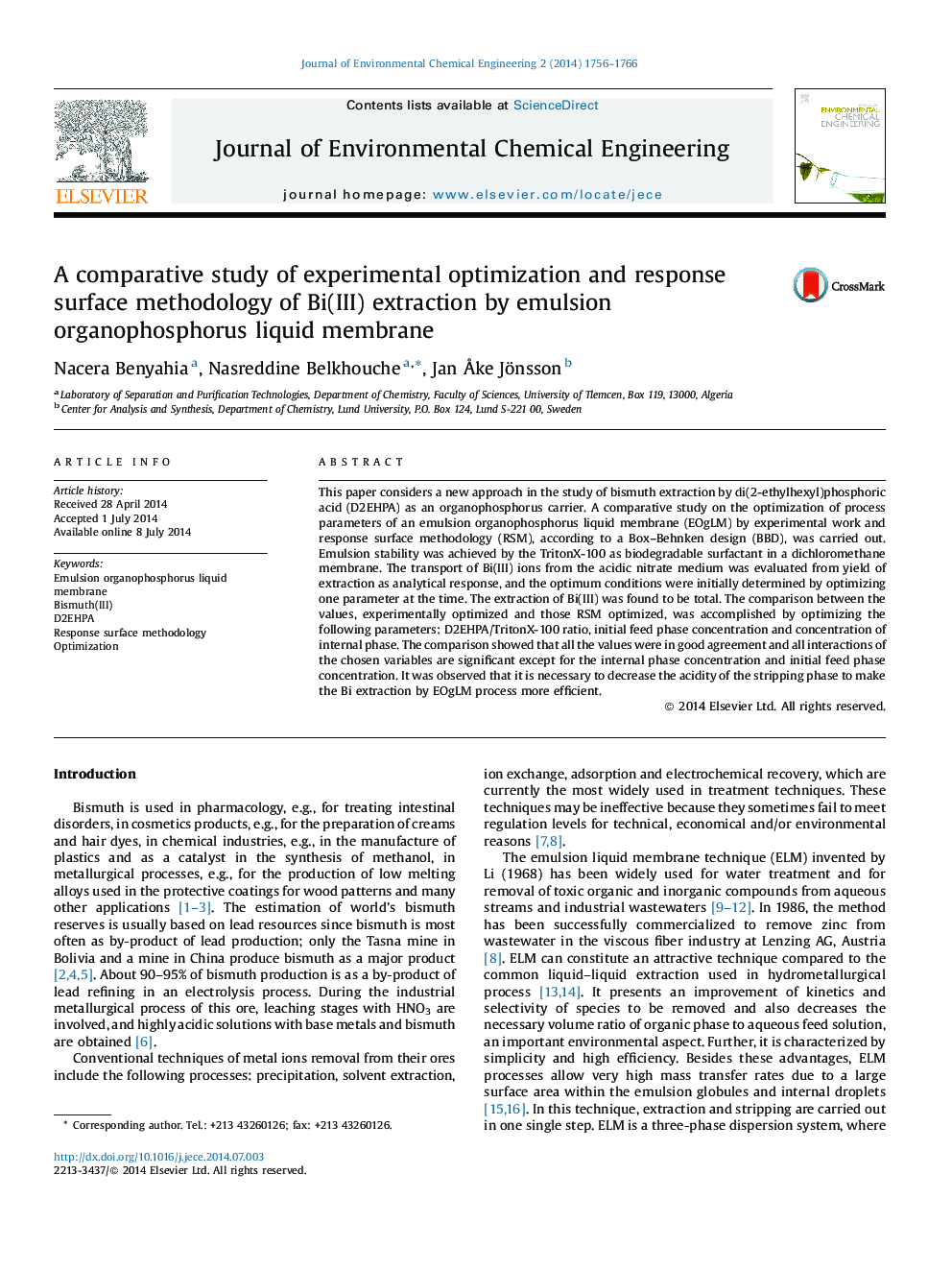 A comparative study of experimental optimization and response surface methodology of Bi(III) extraction by emulsion organophosphorus liquid membrane