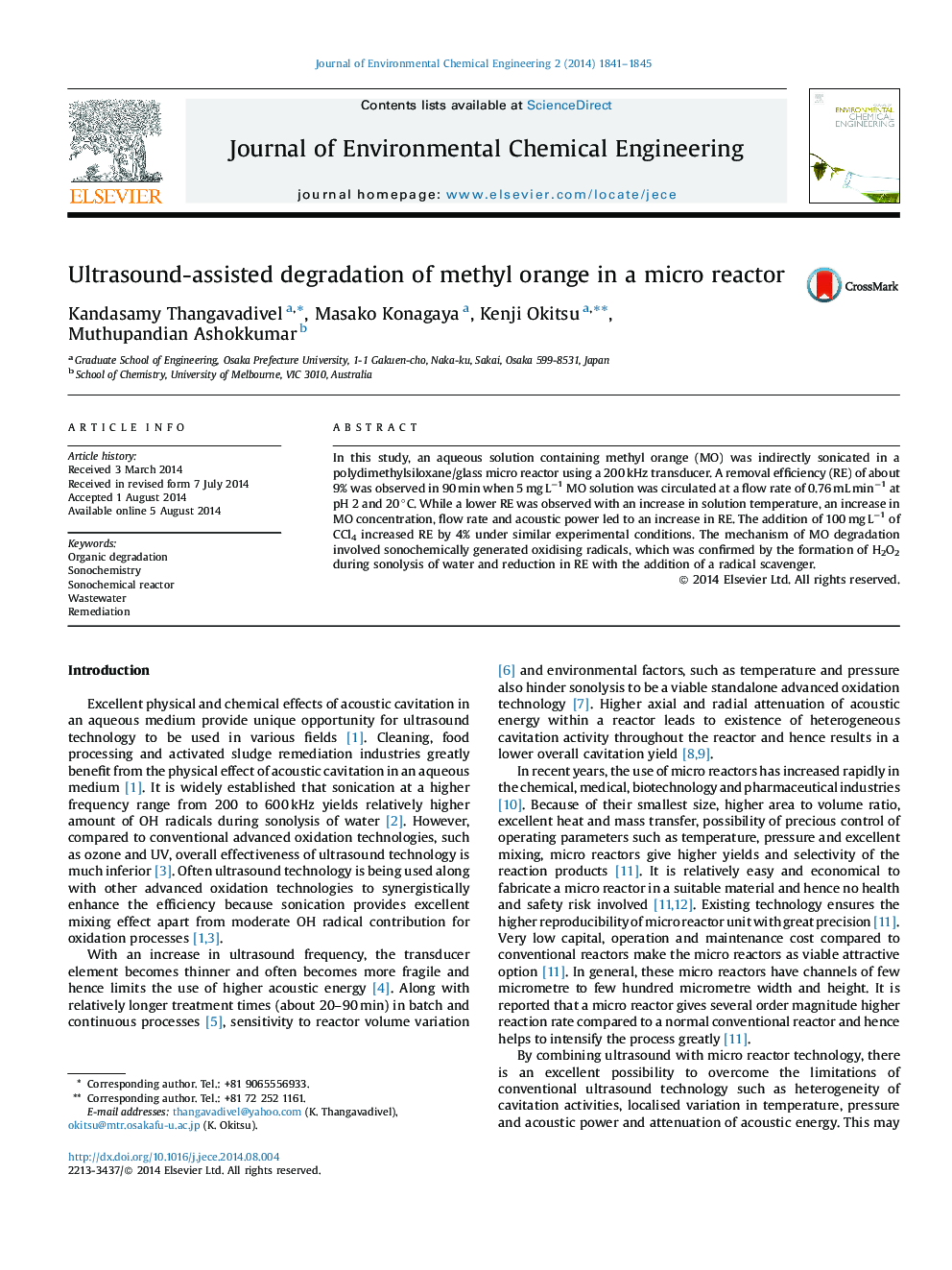 Ultrasound-assisted degradation of methyl orange in a micro reactor