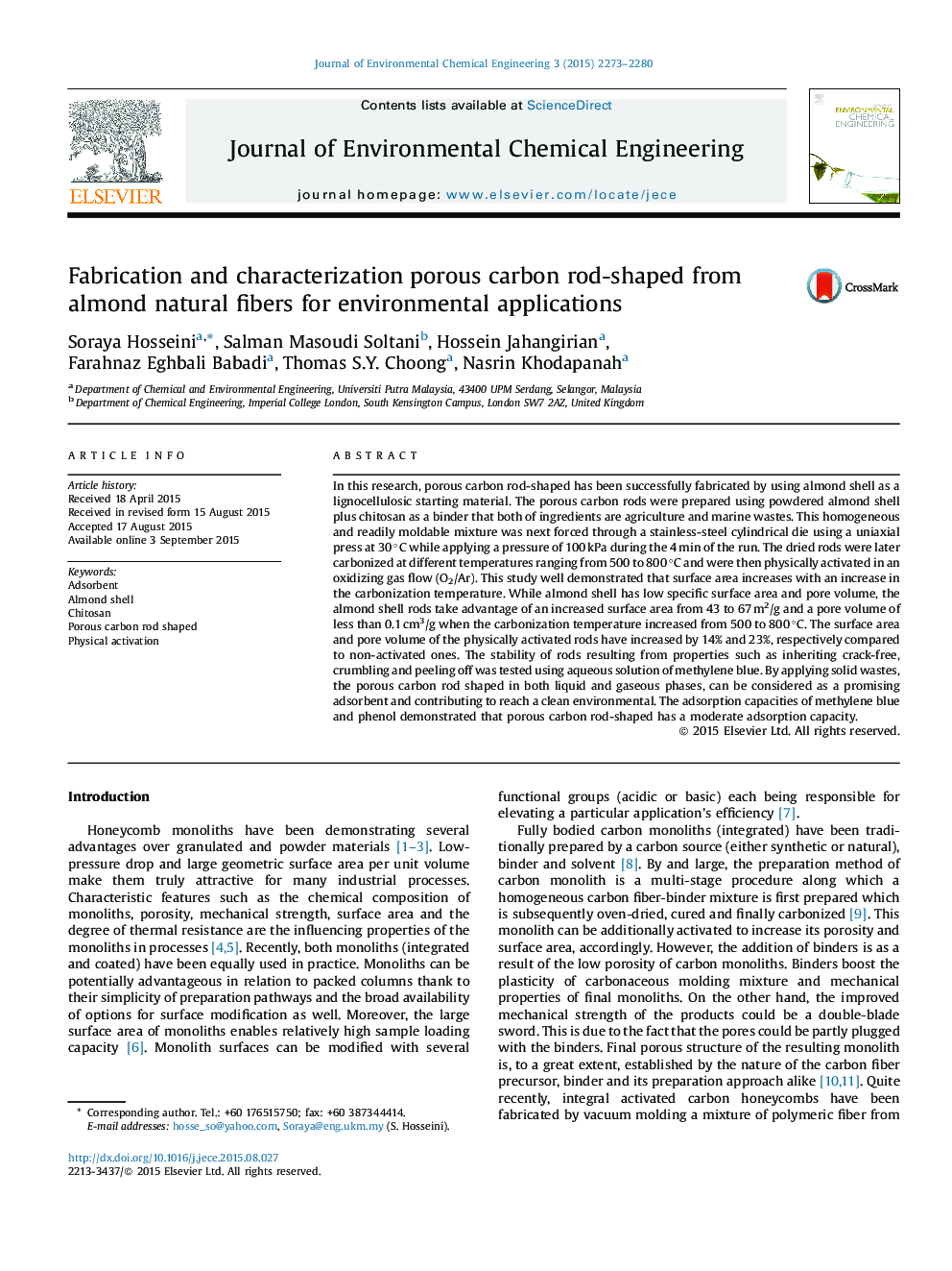 Fabrication and characterization porous carbon rod-shaped from almond natural fibers for environmental applications