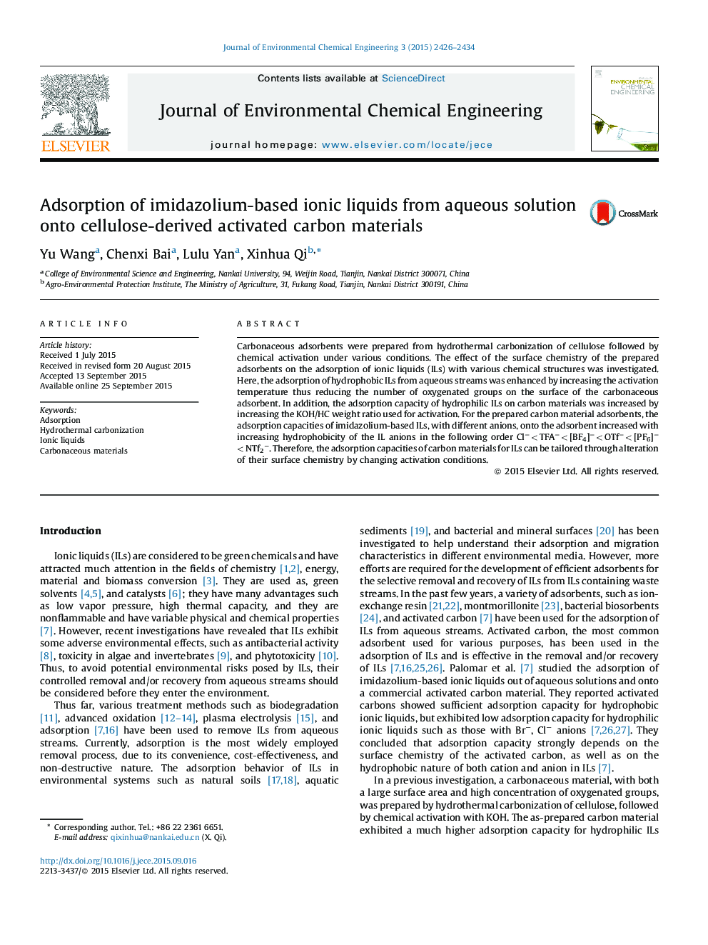 Adsorption of imidazolium-based ionic liquids from aqueous solution onto cellulose-derived activated carbon materials