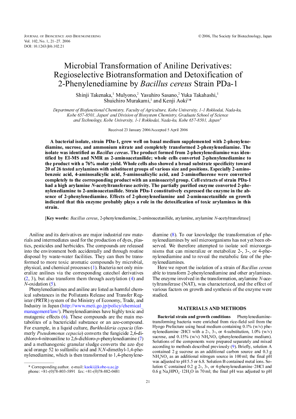 Microbial transformation of aniline derivatives: Regioselective biotransformation and detoxification of 2-phenylenediamine by Bacillus cereus strain PDa-1