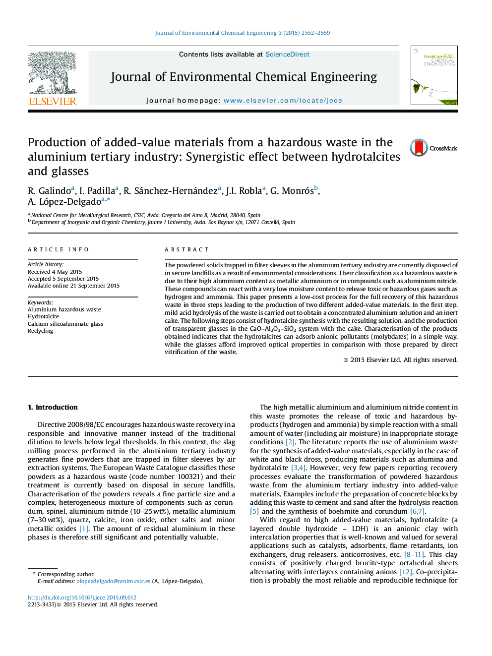 Production of added-value materials from a hazardous waste in the aluminium tertiary industry: Synergistic effect between hydrotalcites and glasses