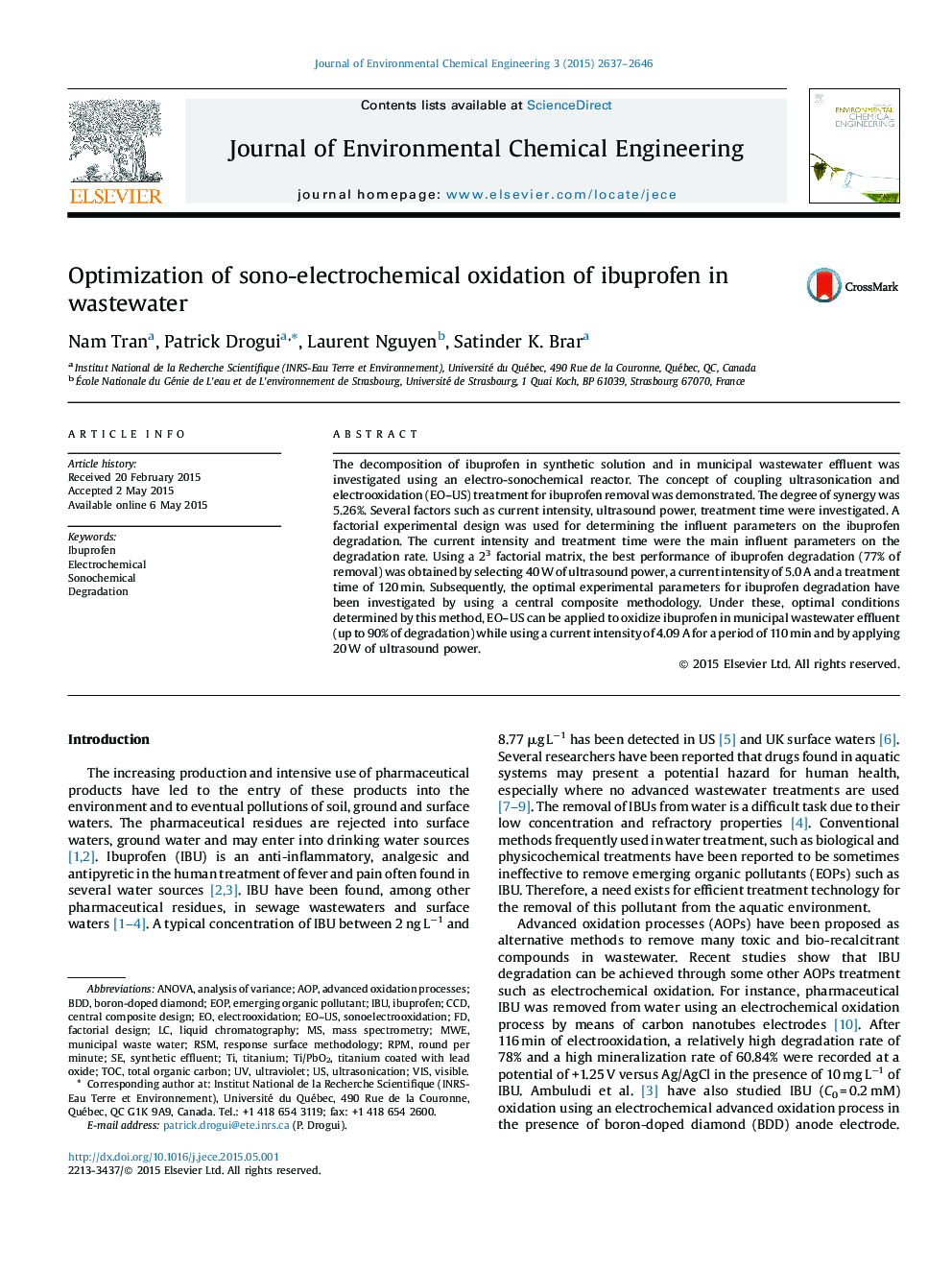 Optimization of sono-electrochemical oxidation of ibuprofen in wastewater