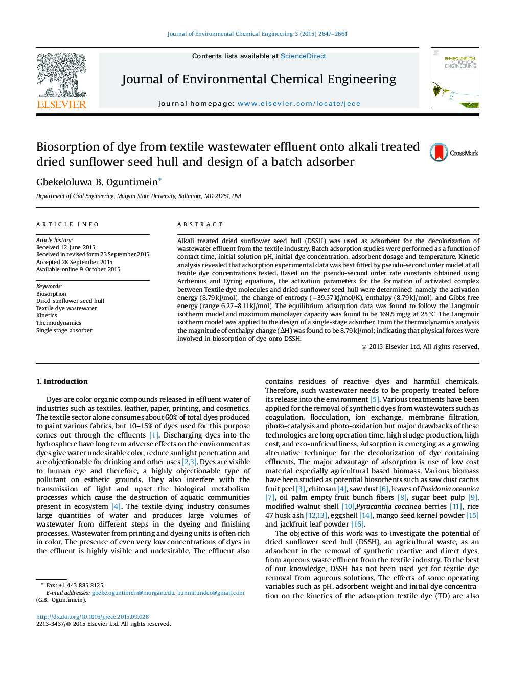 Biosorption of dye from textile wastewater effluent onto alkali treated dried sunflower seed hull and design of a batch adsorber