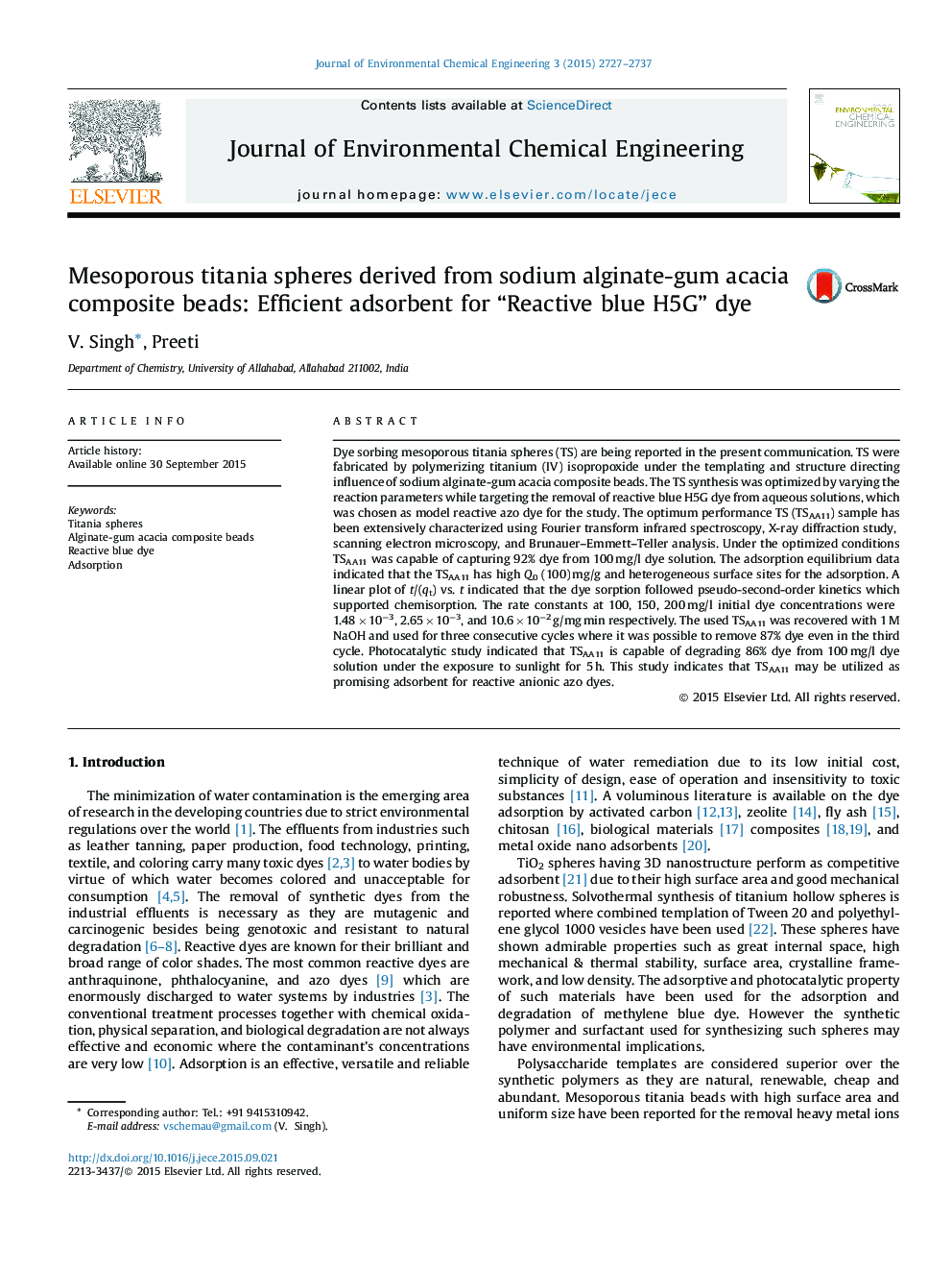Mesoporous titania spheres derived from sodium alginate-gum acacia composite beads: Efficient adsorbent for “Reactive blue H5G” dye