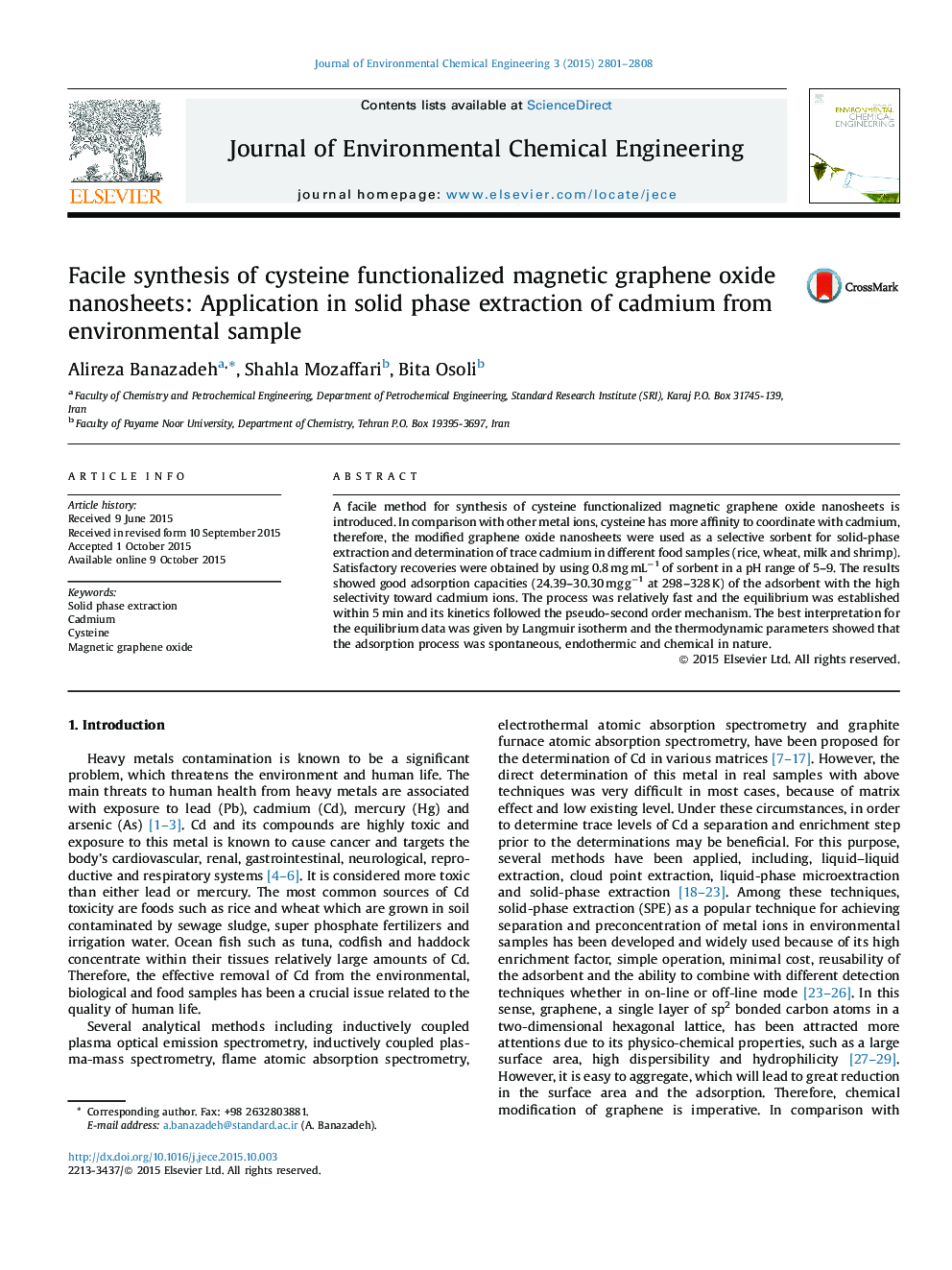 Facile synthesis of cysteine functionalized magnetic graphene oxide nanosheets: Application in solid phase extraction of cadmium from environmental sample