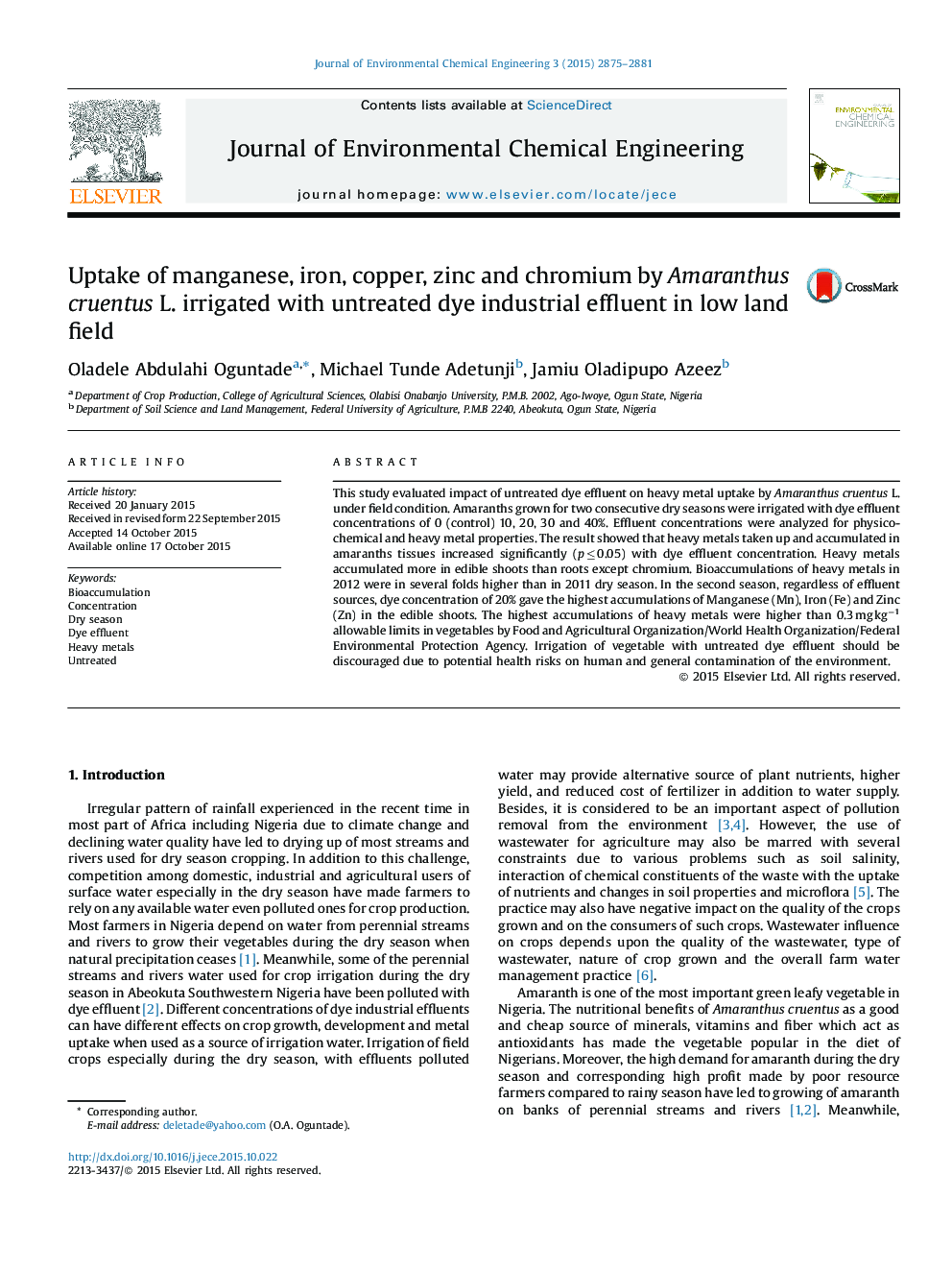 Uptake of manganese, iron, copper, zinc and chromium by Amaranthus cruentus L. irrigated with untreated dye industrial effluent in low land field