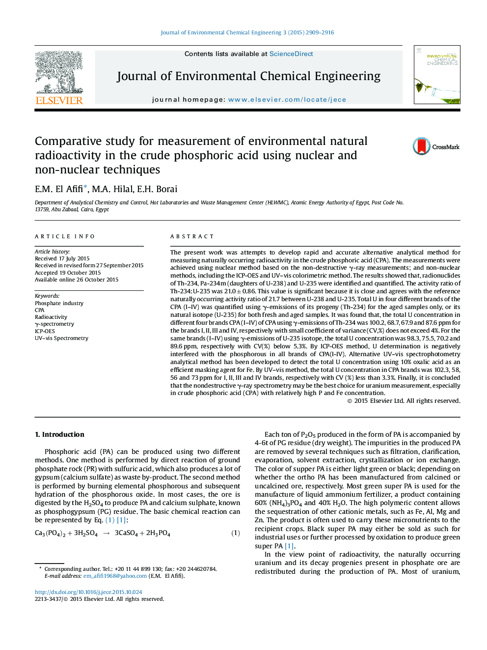 Comparative study for measurement of environmental natural radioactivity in the crude phosphoric acid using nuclear and non-nuclear techniques