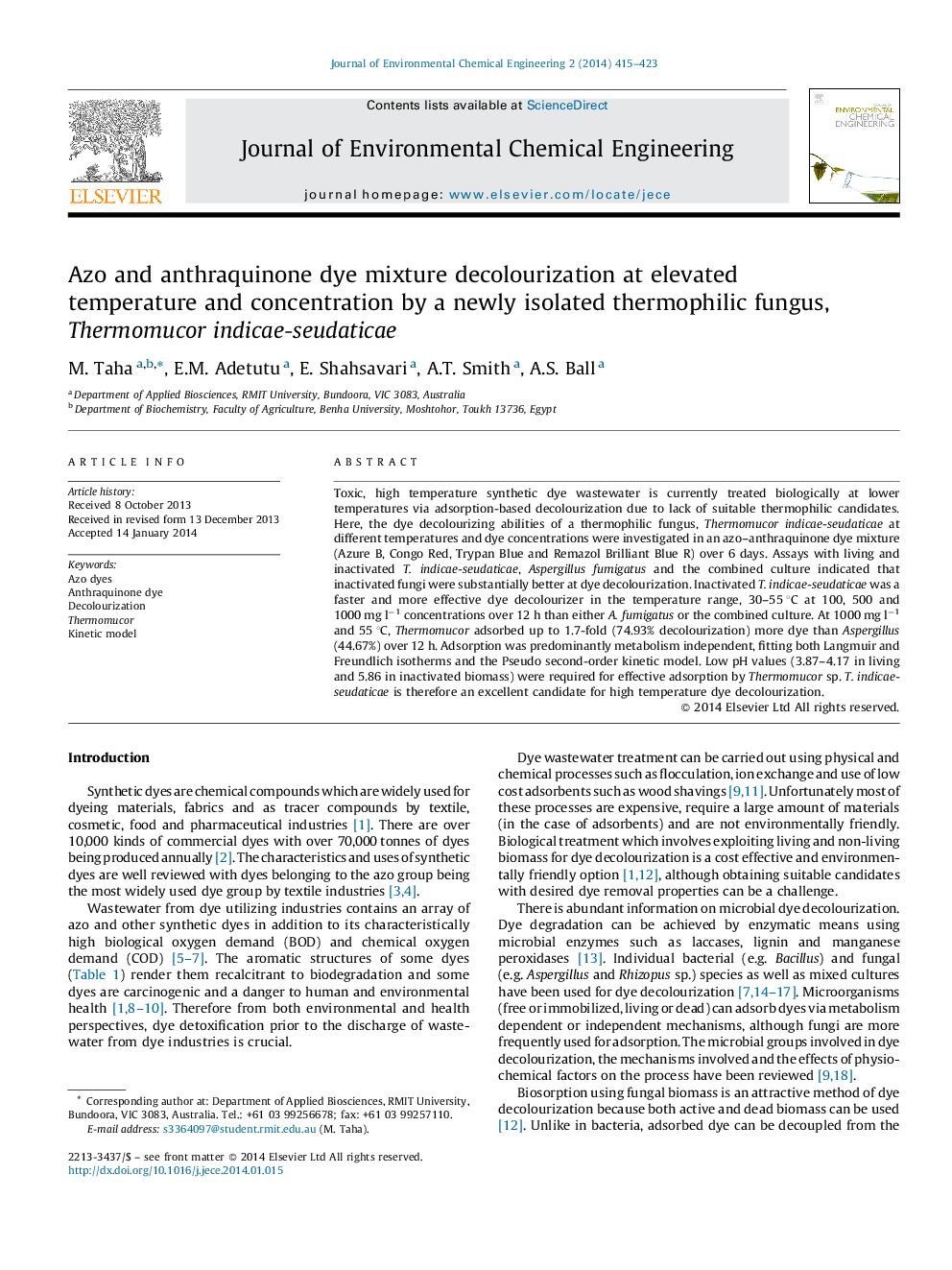 Azo and anthraquinone dye mixture decolourization at elevated temperature and concentration by a newly isolated thermophilic fungus, Thermomucor indicae-seudaticae