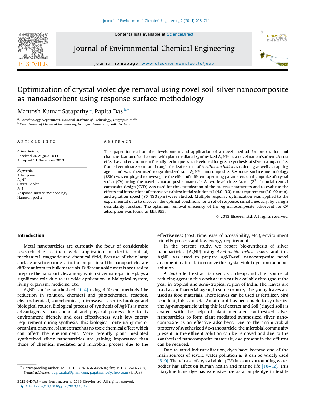 Optimization of crystal violet dye removal using novel soil-silver nanocomposite as nanoadsorbent using response surface methodology