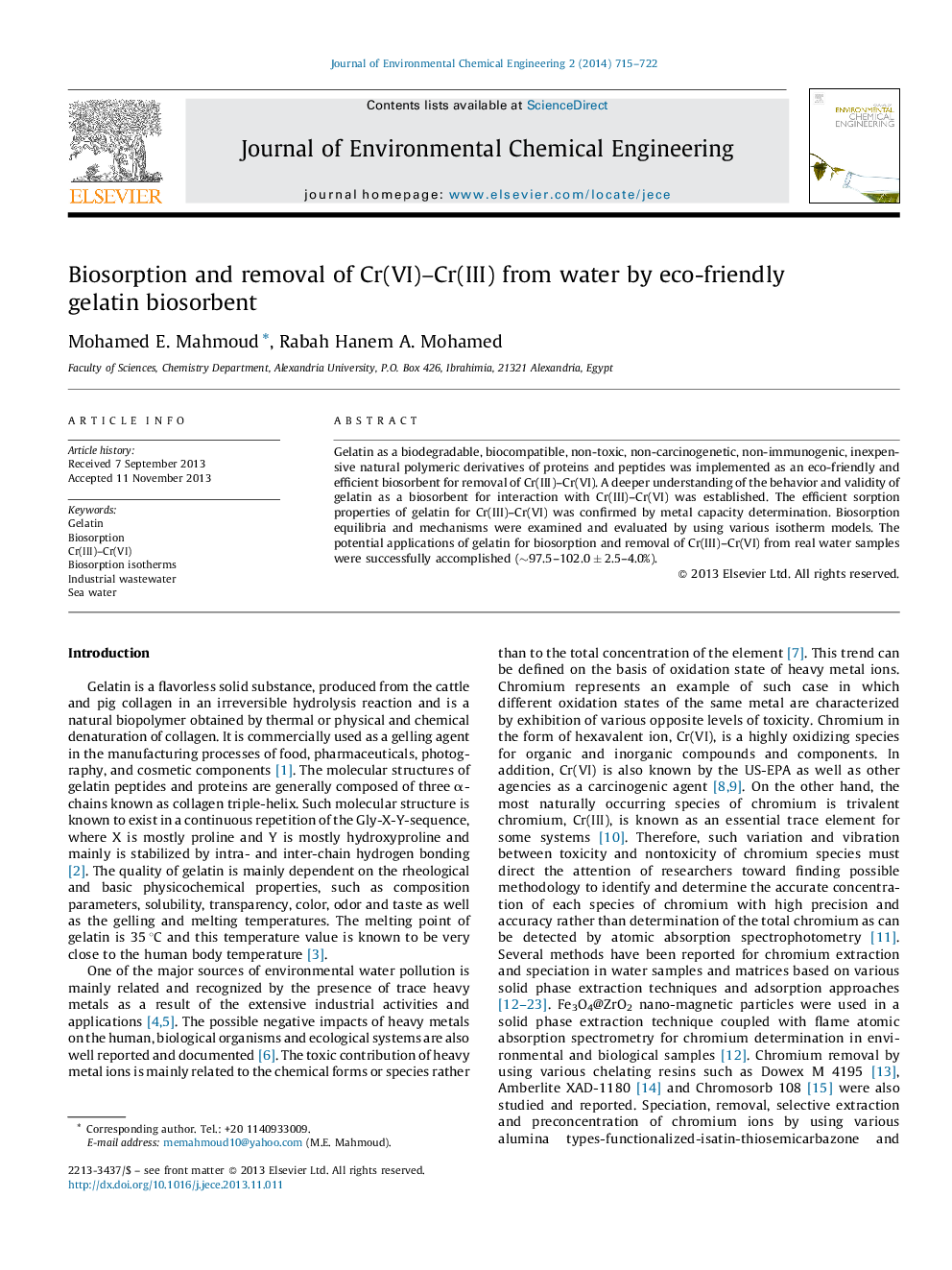 عکس صفحه اول مقاله: Biosorption and removal of Cr(VI)–Cr(III) from water by eco-friendly gelatin biosorbent Biosorption and removal of Cr(VI)–Cr(III) from water by eco-friendly gelatin biosorbent