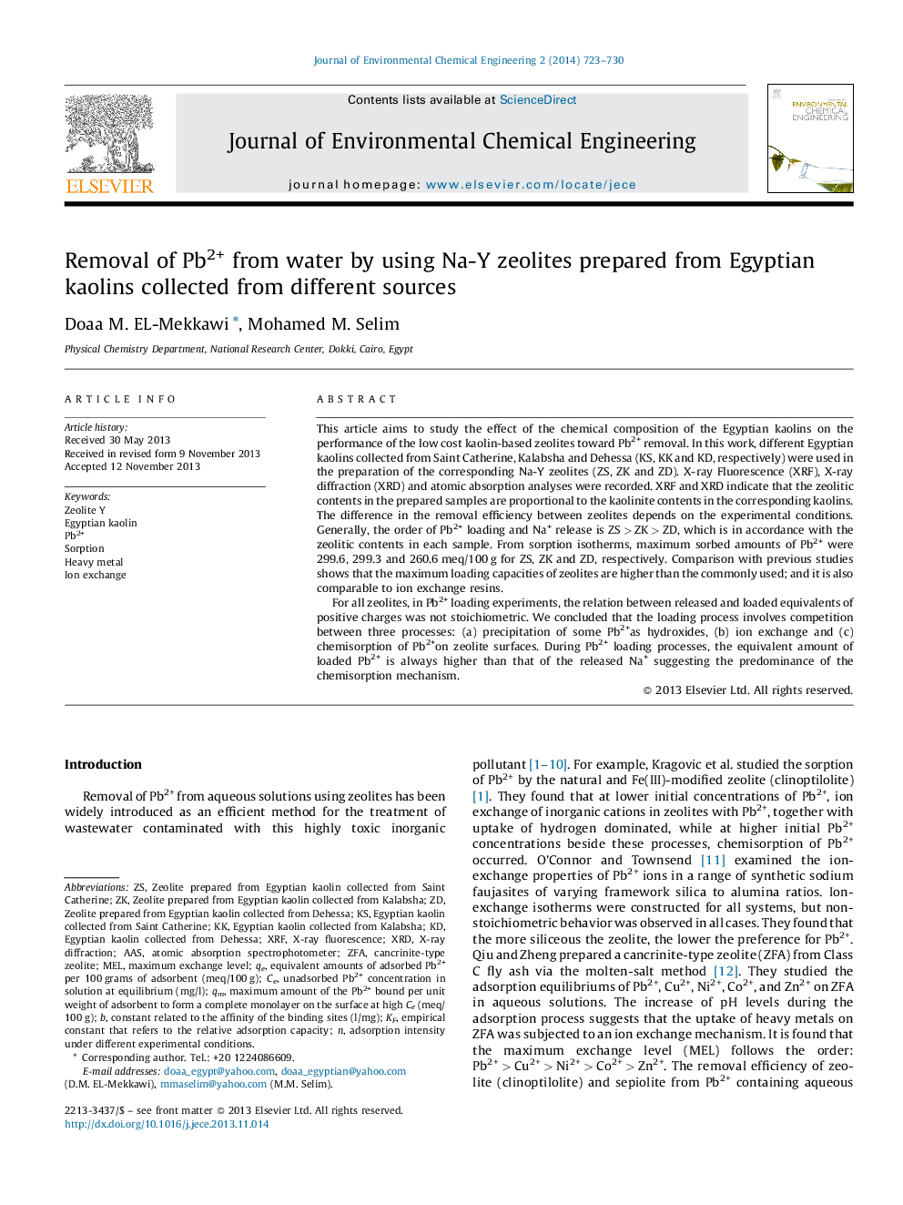 Removal of Pb2+ from water by using Na-Y zeolites prepared from Egyptian kaolins collected from different sources