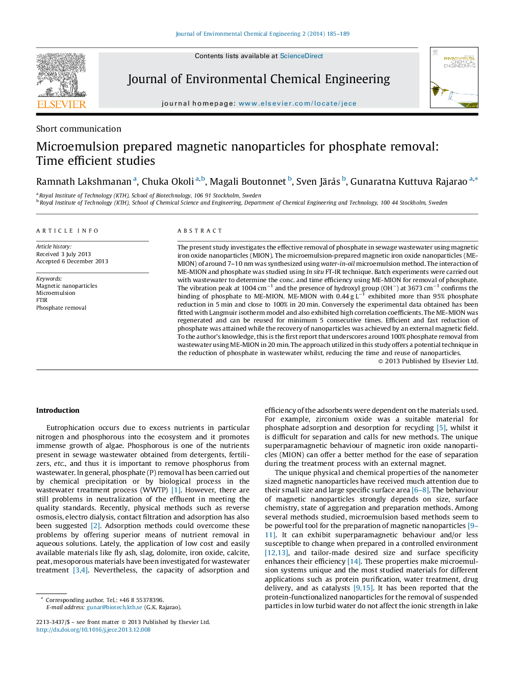 Microemulsion prepared magnetic nanoparticles for phosphate removal: Time efficient studies