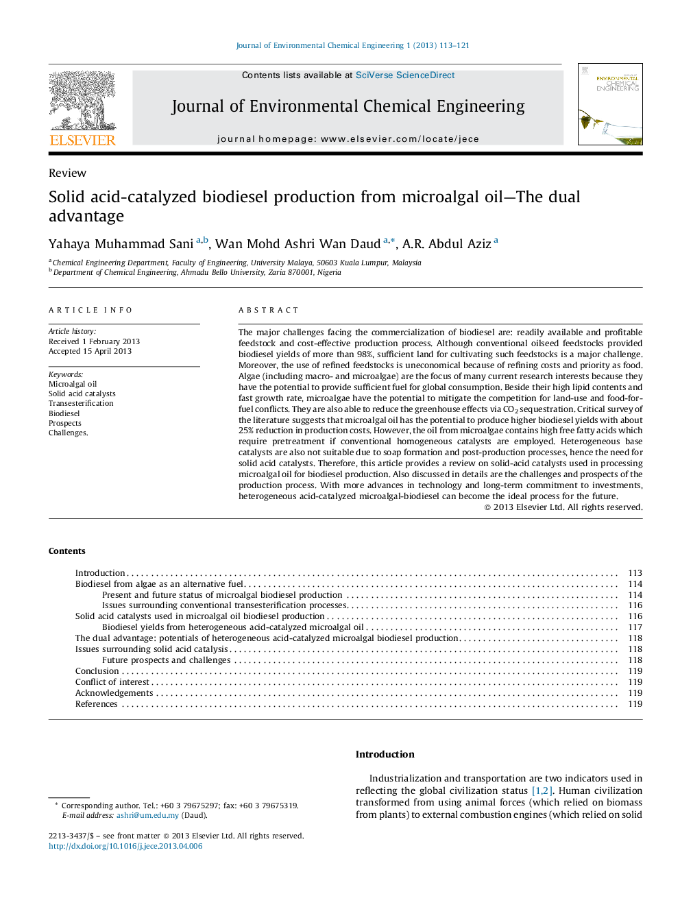 Solid acid-catalyzed biodiesel production from microalgal oil—The dual advantage