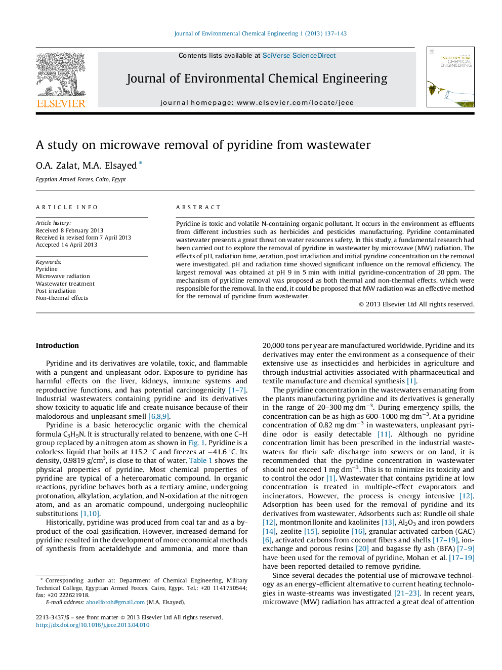 A study on microwave removal of pyridine from wastewater