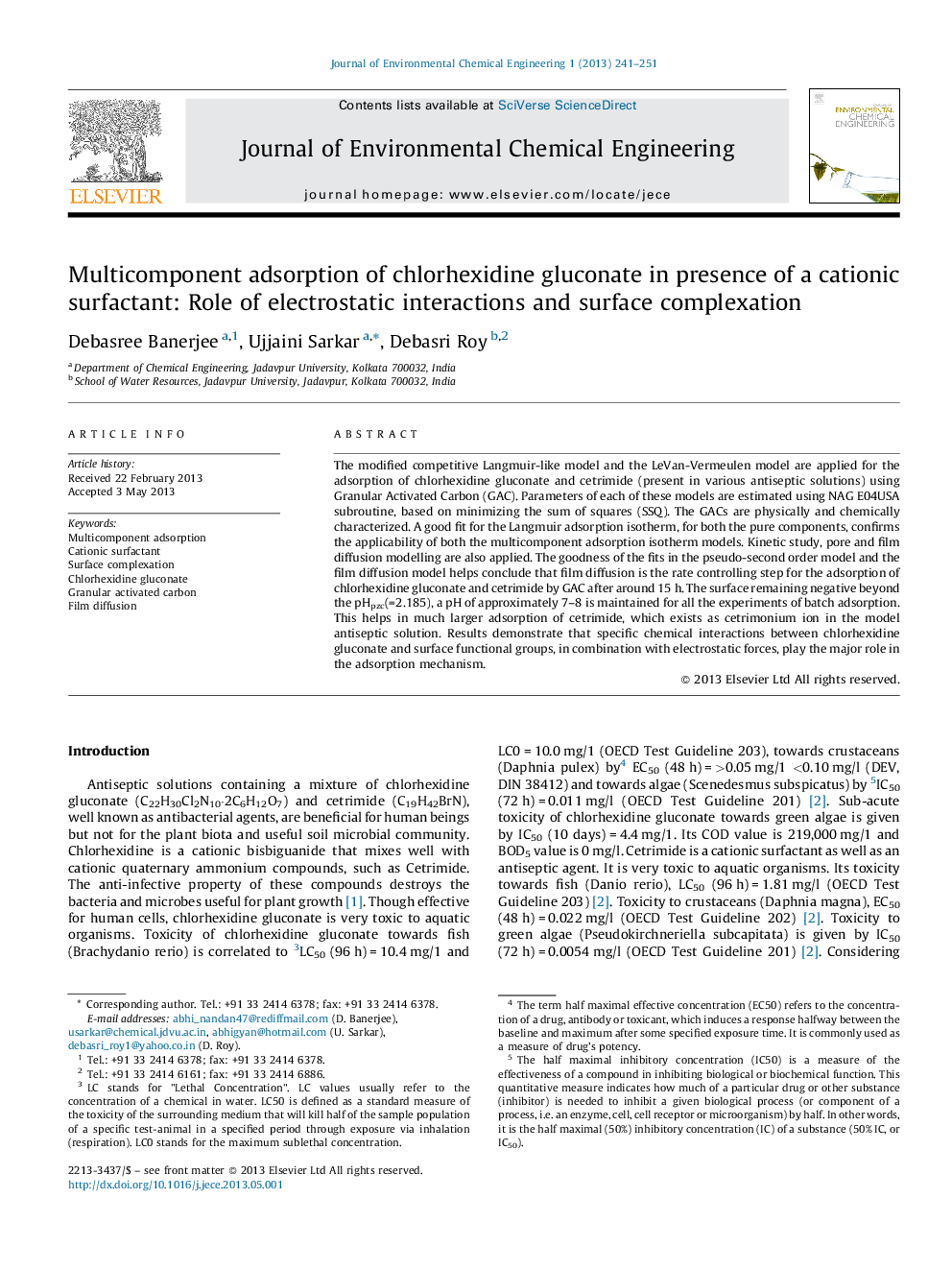 Multicomponent adsorption of chlorhexidine gluconate in presence of a cationic surfactant: Role of electrostatic interactions and surface complexation