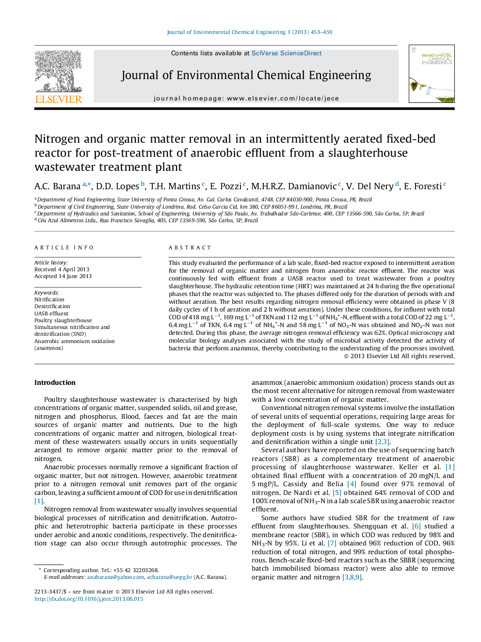 Nitrogen and organic matter removal in an intermittently aerated fixed-bed reactor for post-treatment of anaerobic effluent from a slaughterhouse wastewater treatment plant