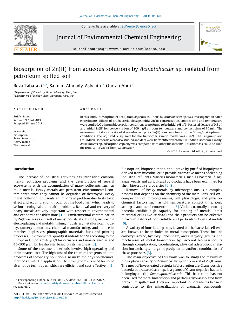 Biosorption of Zn(II) from aqueous solutions by Acinetobacter sp. isolated from petroleum spilled soil