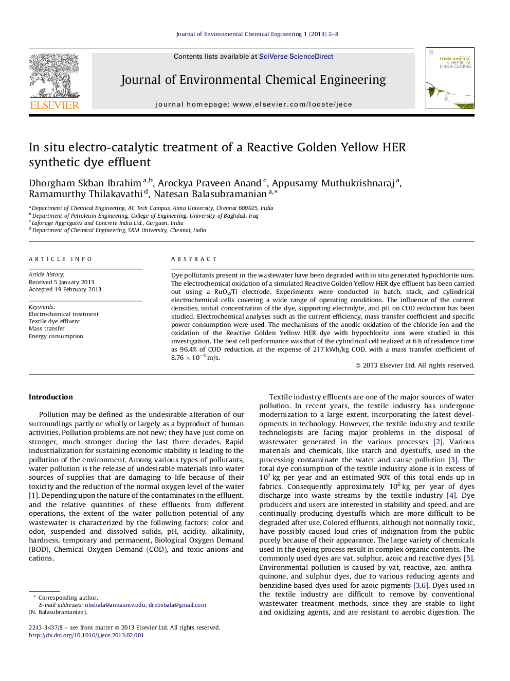 In situ electro-catalytic treatment of a Reactive Golden Yellow HER synthetic dye effluent