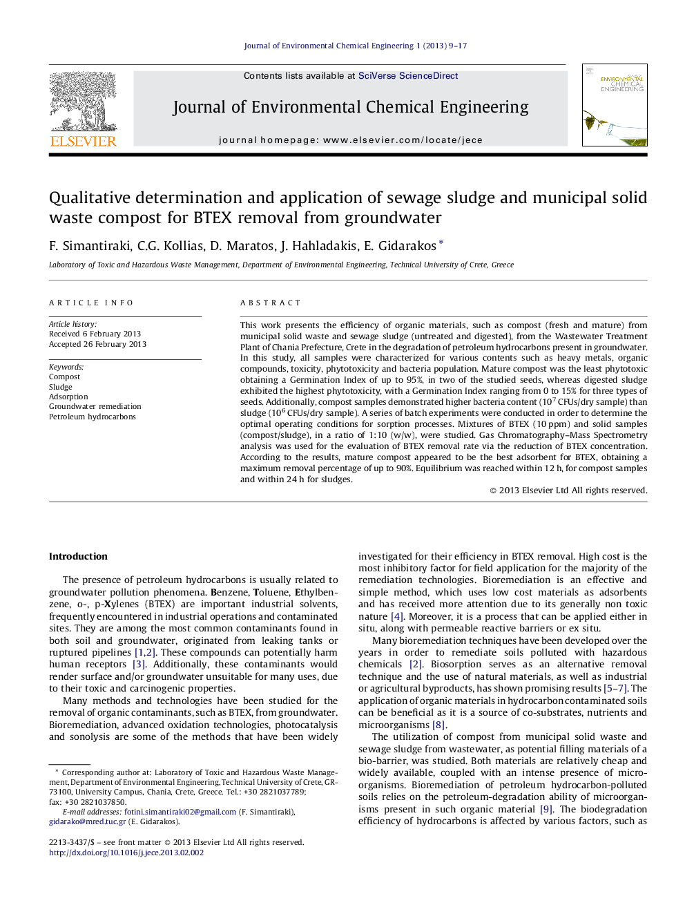 Qualitative determination and application of sewage sludge and municipal solid waste compost for BTEX removal from groundwater