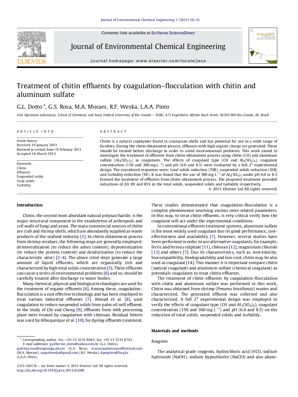 Treatment of chitin effluents by coagulation–flocculation with chitin and aluminum sulfate