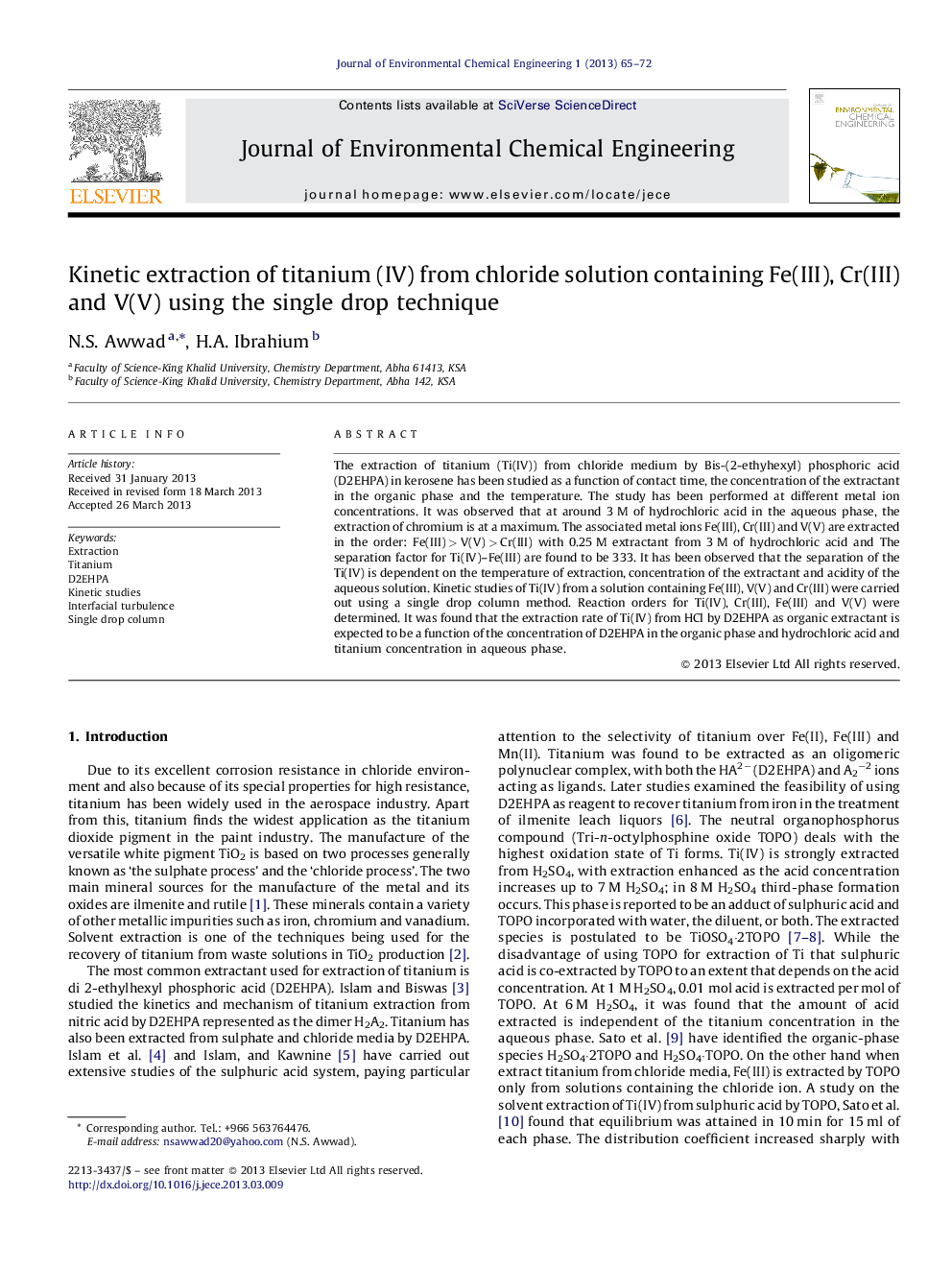 Kinetic extraction of titanium (IV) from chloride solution containing Fe(III), Cr(III) and V(V) using the single drop technique