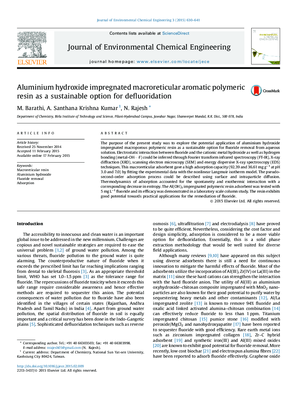 Aluminium hydroxide impregnated macroreticular aromatic polymeric resin as a sustainable option for defluoridation