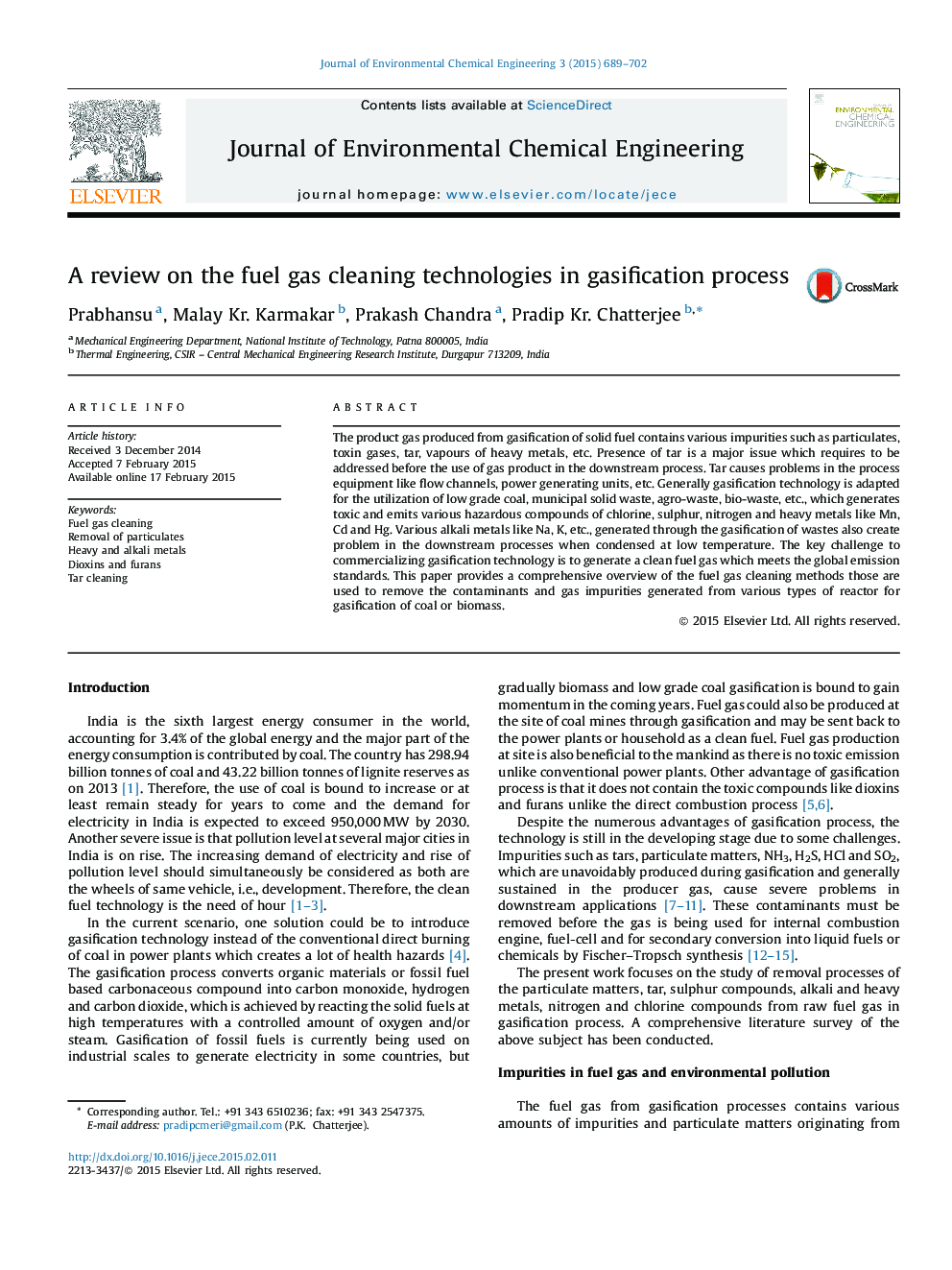 A review on the fuel gas cleaning technologies in gasification process