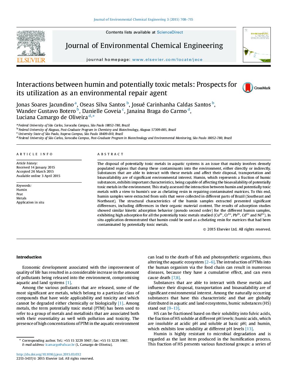 Interactions between humin and potentially toxic metals: Prospects for its utilization as an environmental repair agent