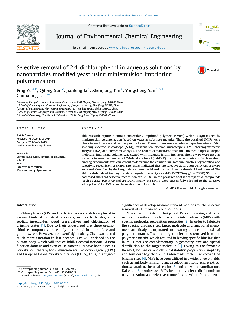 Selective removal of 2,4-dichlorophenol in aqueous solutions by nanoparticles modified yeast using miniemulsion imprinting polymerization