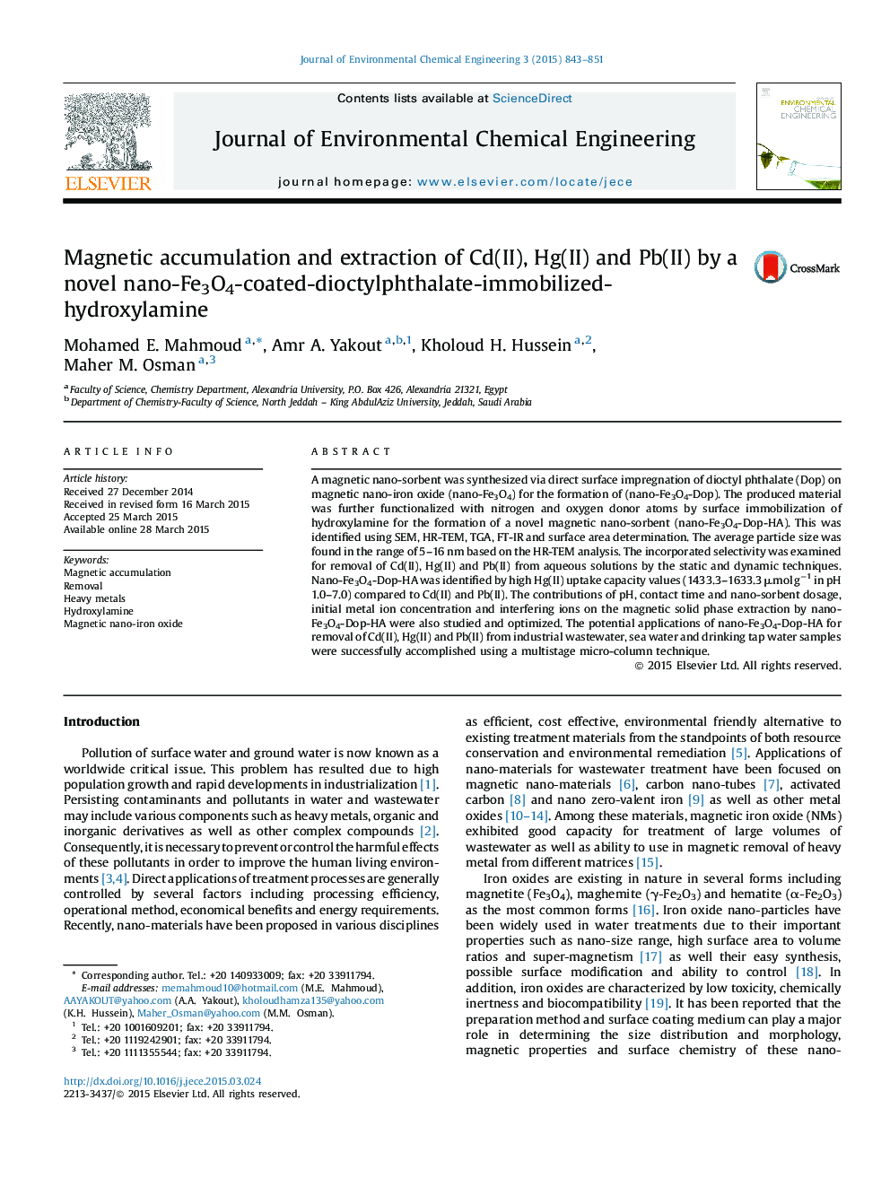 Magnetic accumulation and extraction of Cd(II), Hg(II) and Pb(II) by a novel nano-Fe3O4-coated-dioctylphthalate-immobilized-hydroxylamine