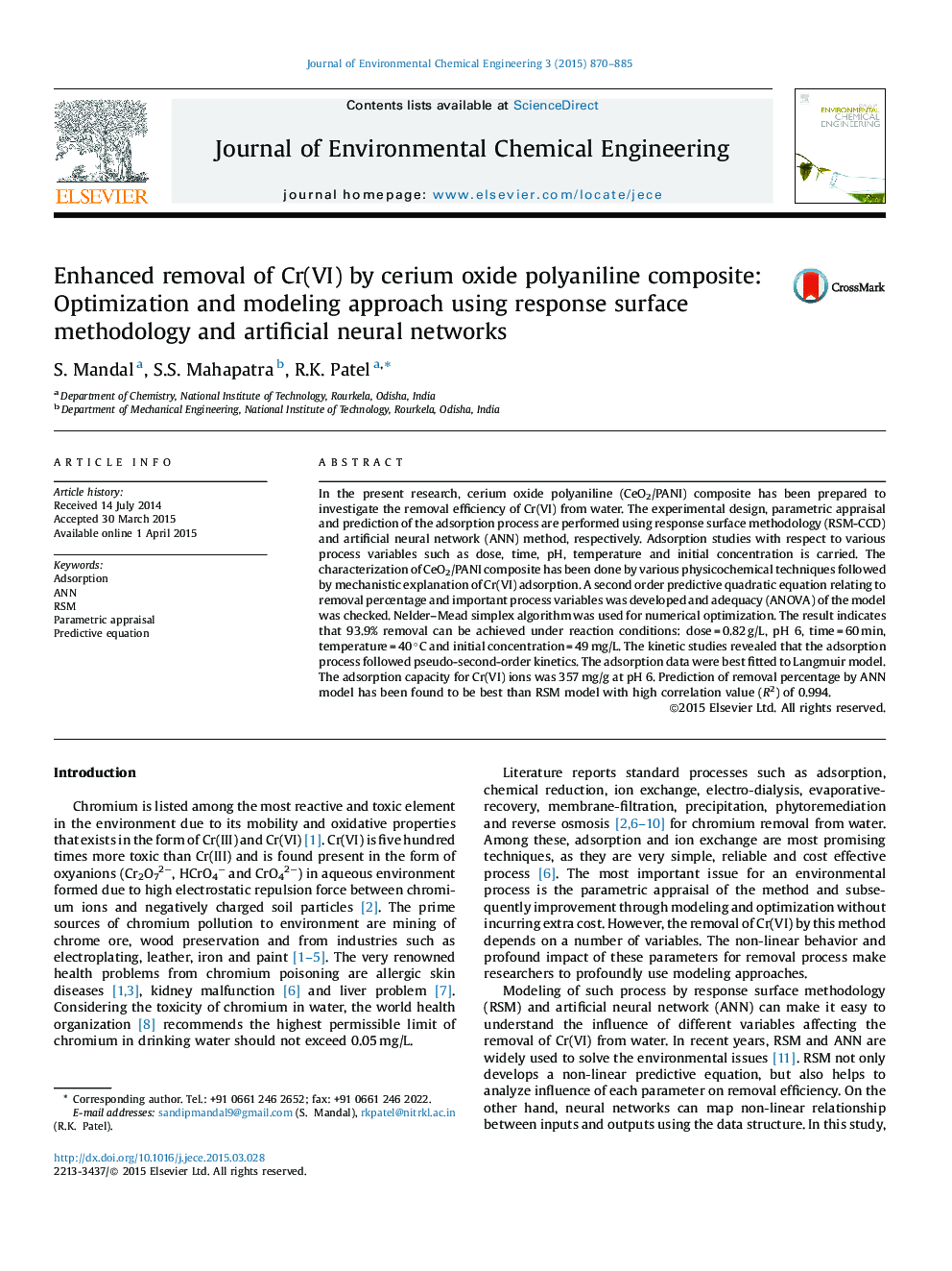 Enhanced removal of Cr(VI) by cerium oxide polyaniline composite: Optimization and modeling approach using response surface methodology and artificial neural networks